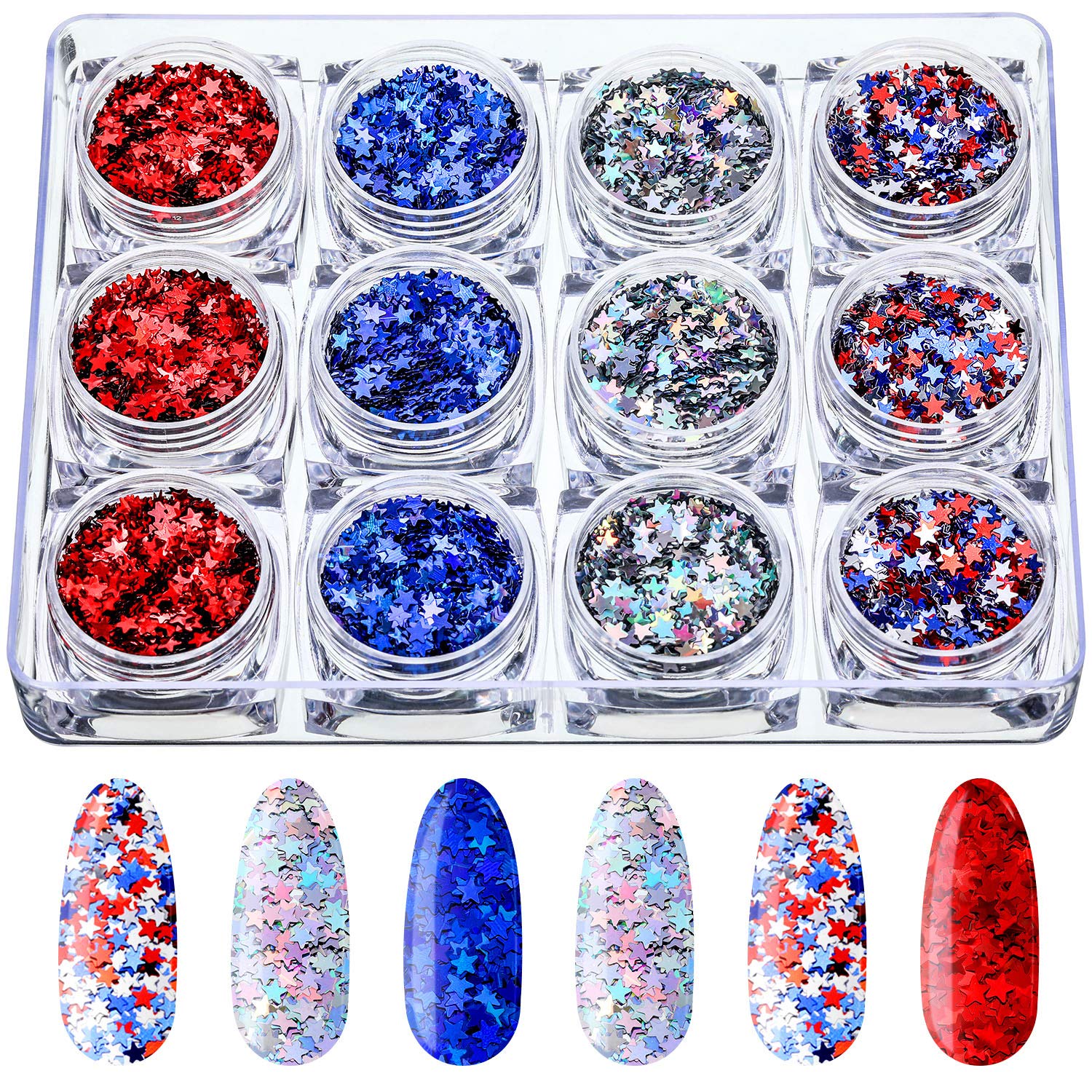 12 Boxes 4th of July Star Nail Art Sequins Glitter Nail Art Confetti Star Shaped Manicure Decorations for Nails Art Eye Face Bod