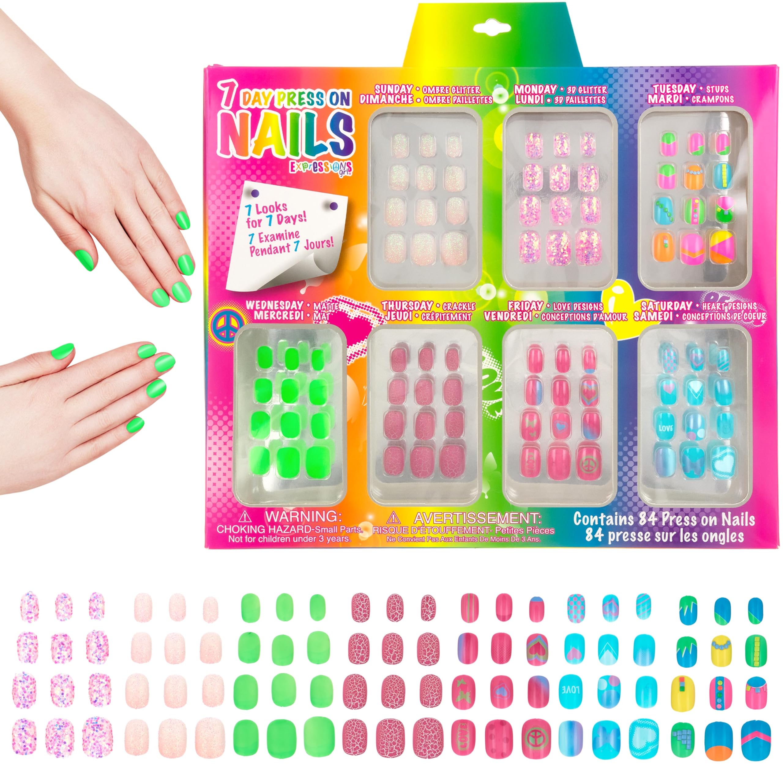 Expressions Girl 7 Day Manicure Collection - 84Pc Press On Nail Set, Day-Of-The-Week Adhesive False Nails For Girls (Set Of Brig