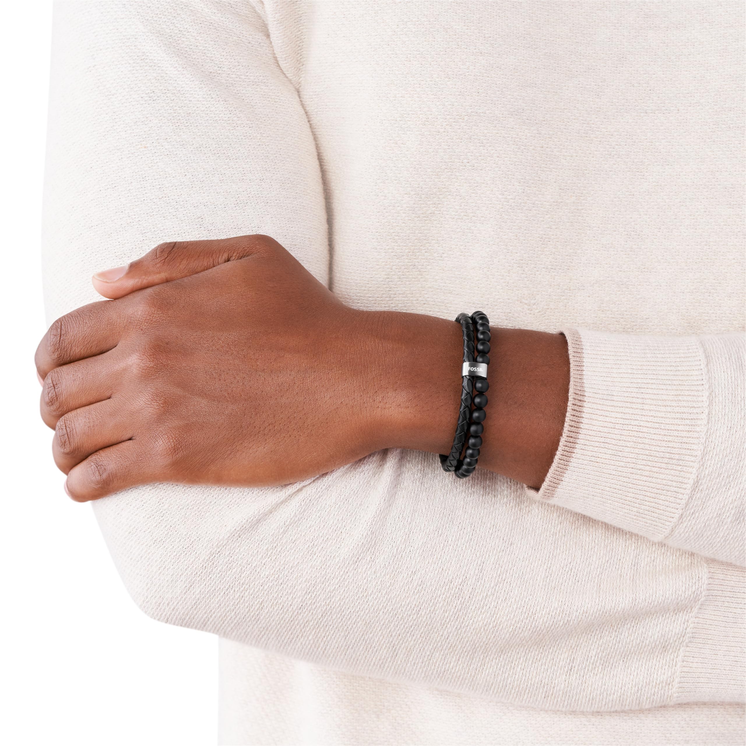 Fossil Men's Leather and Beaded Bracelet, Color: Black (Model: JF02763040)