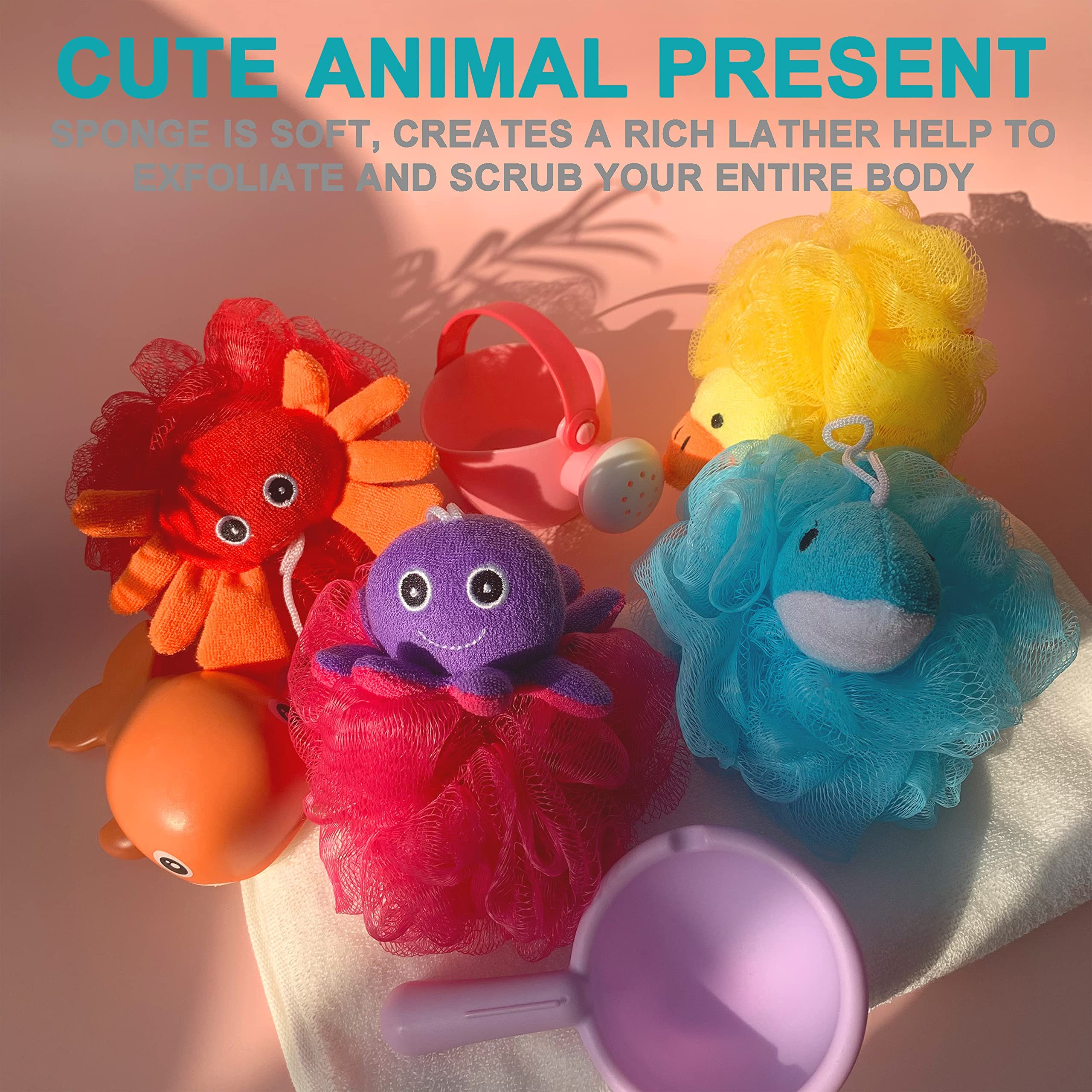 Loofah Exfoliating Shower Stuffed Sponge Pouf Mesh Brush With Animal Toys - Bath Spa Puff Scrubber Ball - Body Poof For Children