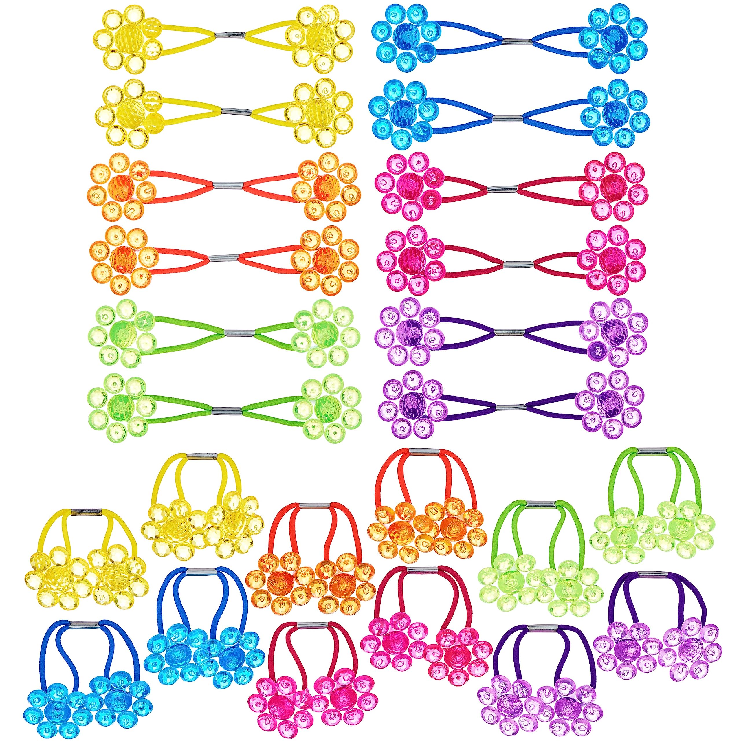 Expressions 24Pc Ponytailers Flower Twin Bead Ponytail Hair Elastics Collection - Flower-Shaped Bright Multicolored Twin Hair Be