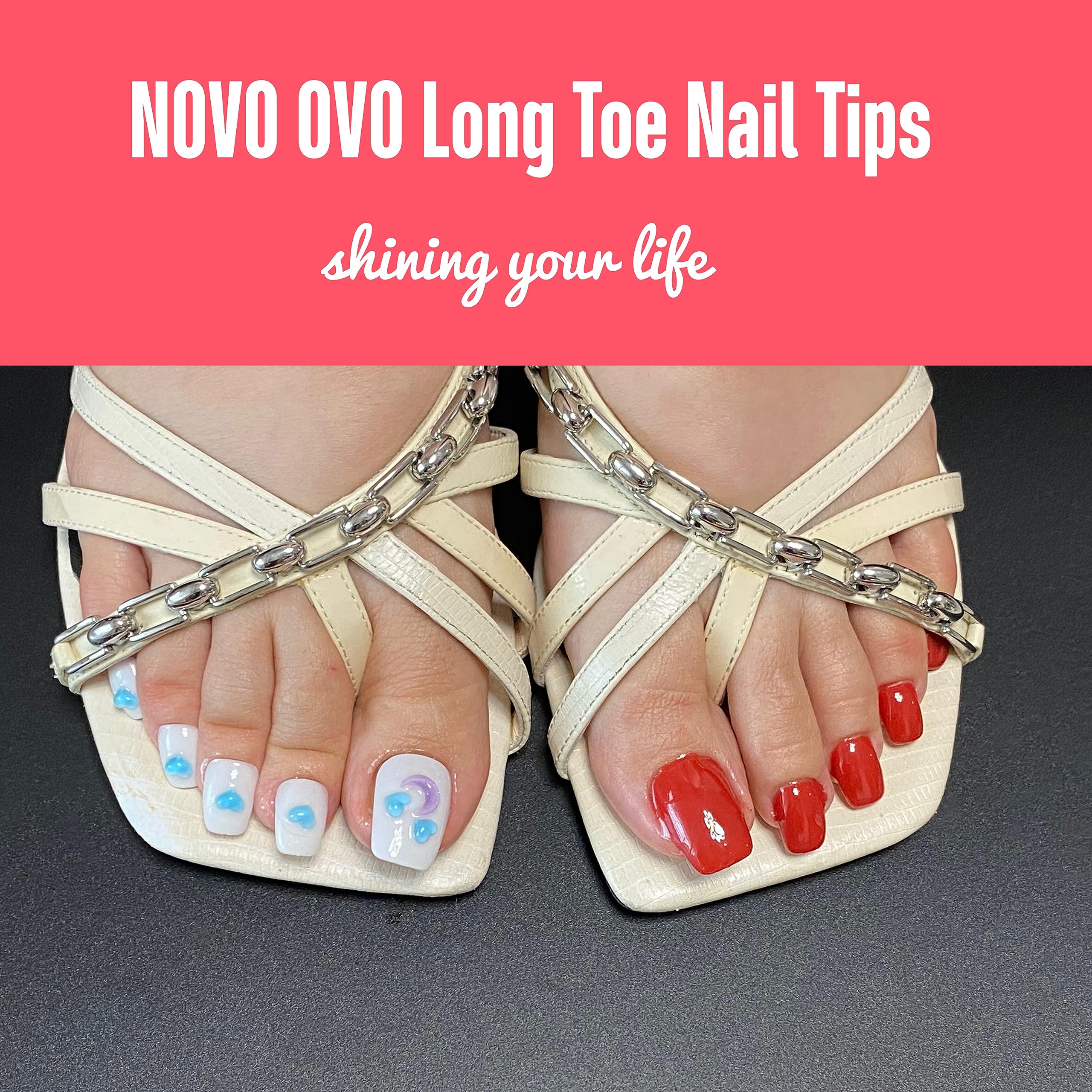 NOVO OVO Long Toe Nail Tips - 120 pcs Clear Acrylic Full Cover Claw, Pre-filed Pedicure Gel, Tapered Square, Small Box