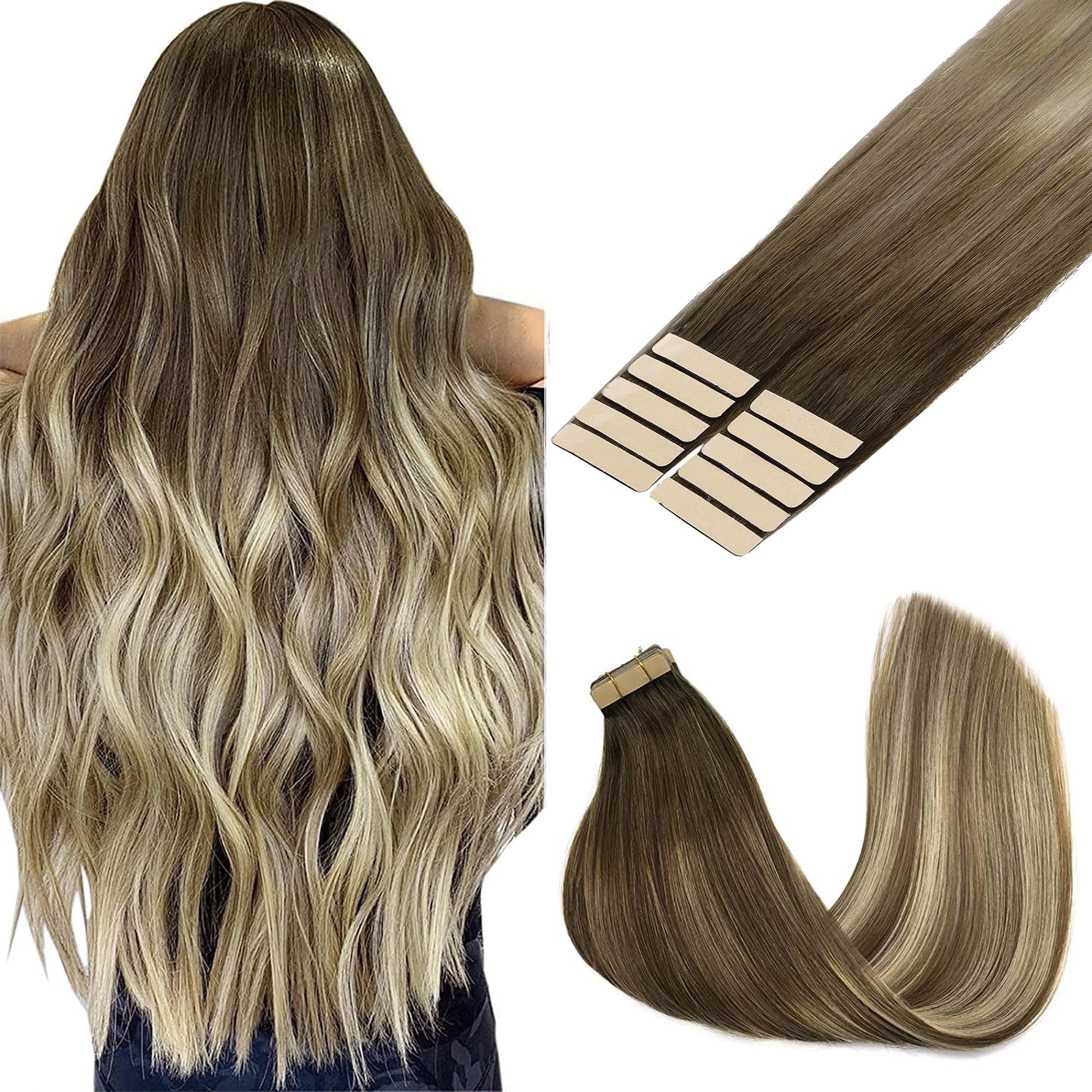 Goo Goo Tape In Hair Extensions Human Hair, 3/8/613 Balayage Walnut Brown To Ash Brown And Blonde, 20Inch 30G 10Pcs, Thick Ends