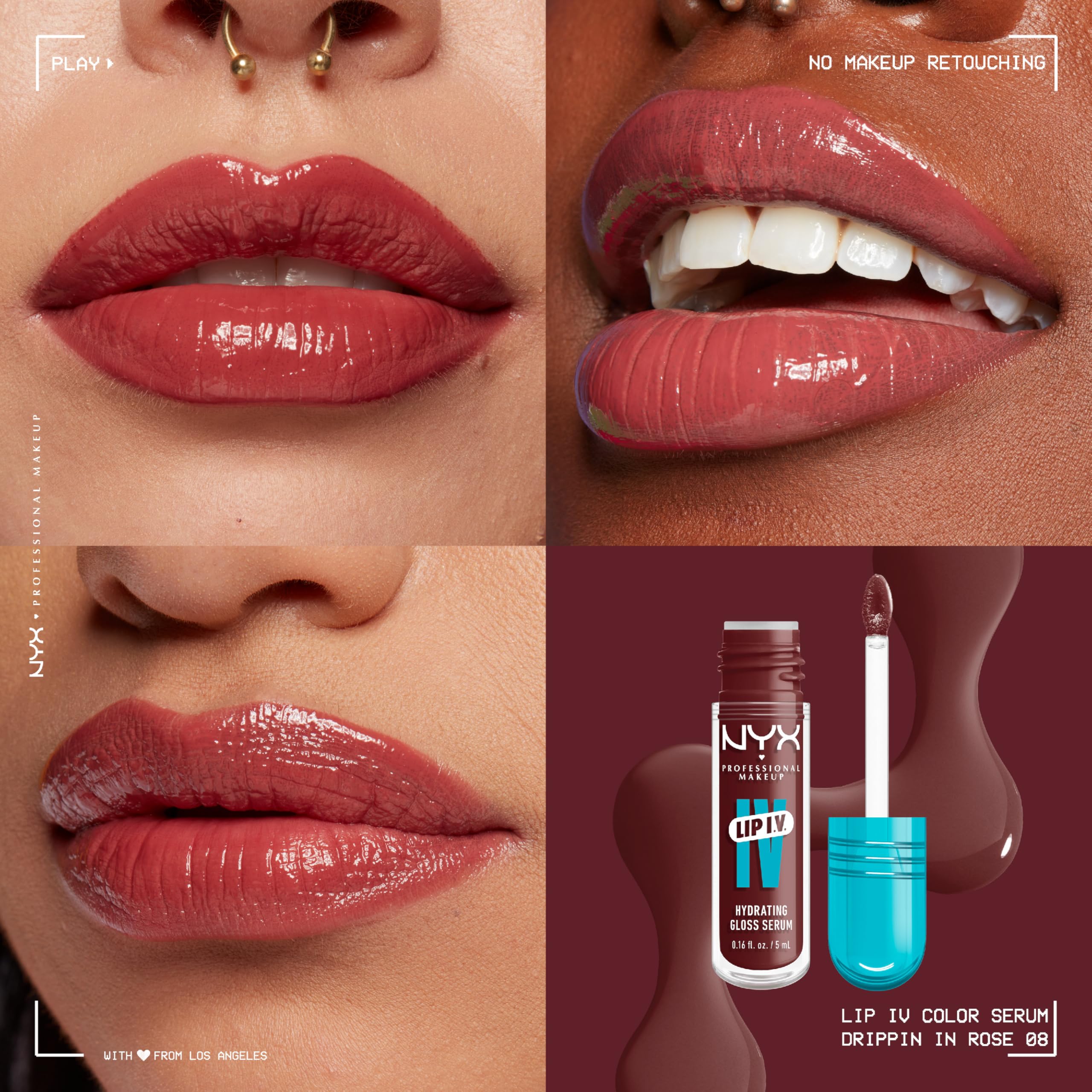 NYX PROFESSIONAL MAKEUP Lip IV Hydrating Gloss Serum, Lip Stain with 12HR Hydration - Drippin In Rose (Pink Lip Gloss)