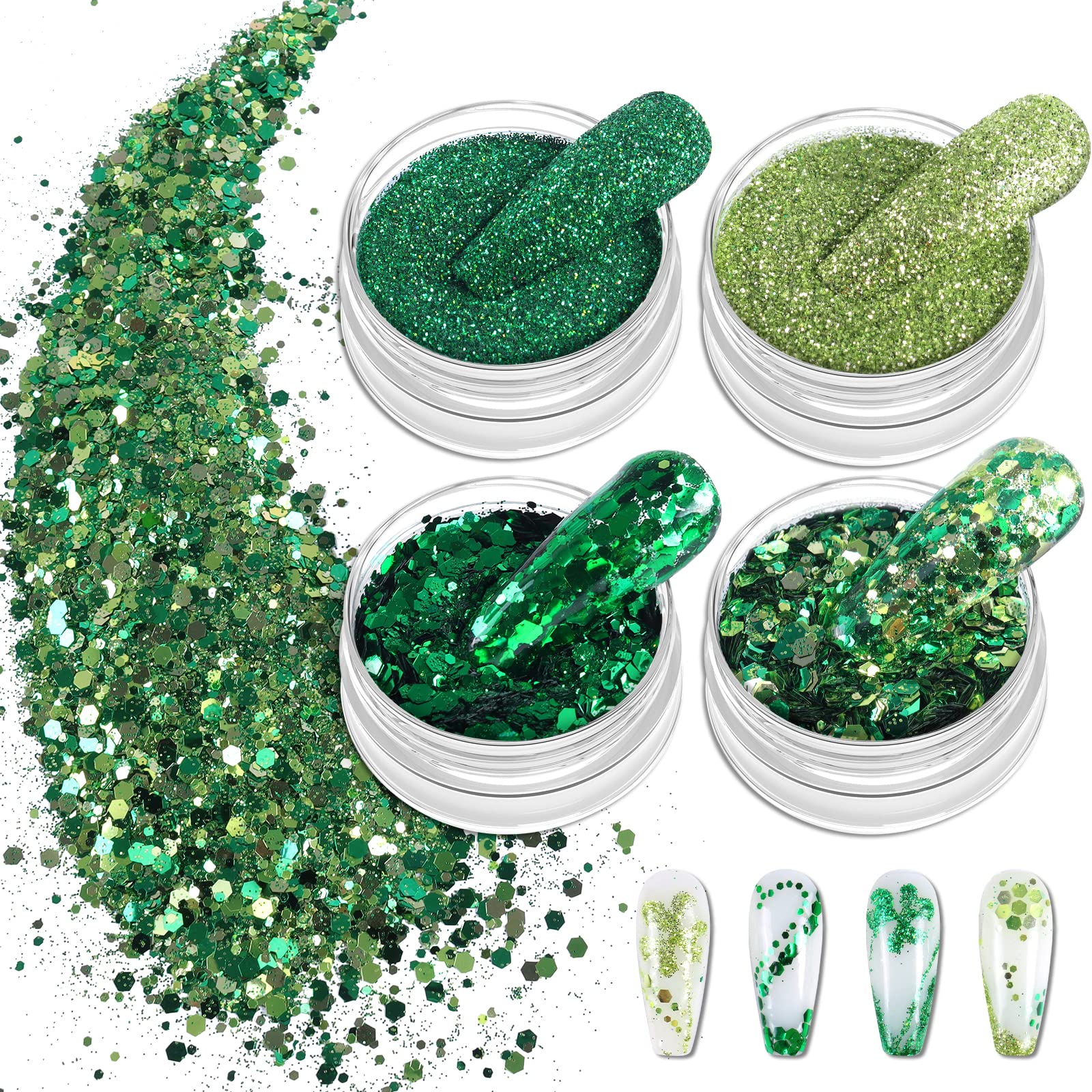 Allstarry Nail Glitter 4 Colors Shamrock Green Holographic Glitter Iridescent Chunky Nail Flakes Hexagon Face Sequins Sparkly Fi