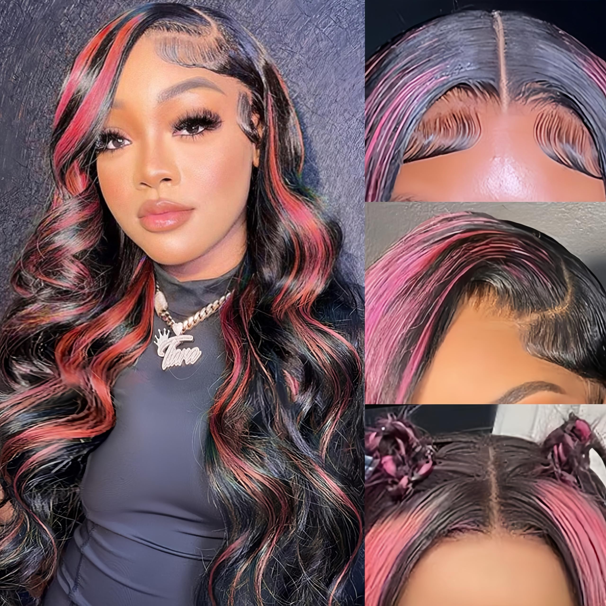 Avolo Ombre Lace Front Wig Human Hair Pre Plucked 13x4 1B/Pink Body Wave Skunk Stripe Pink Highlight Lace Front Wig Human Hair C