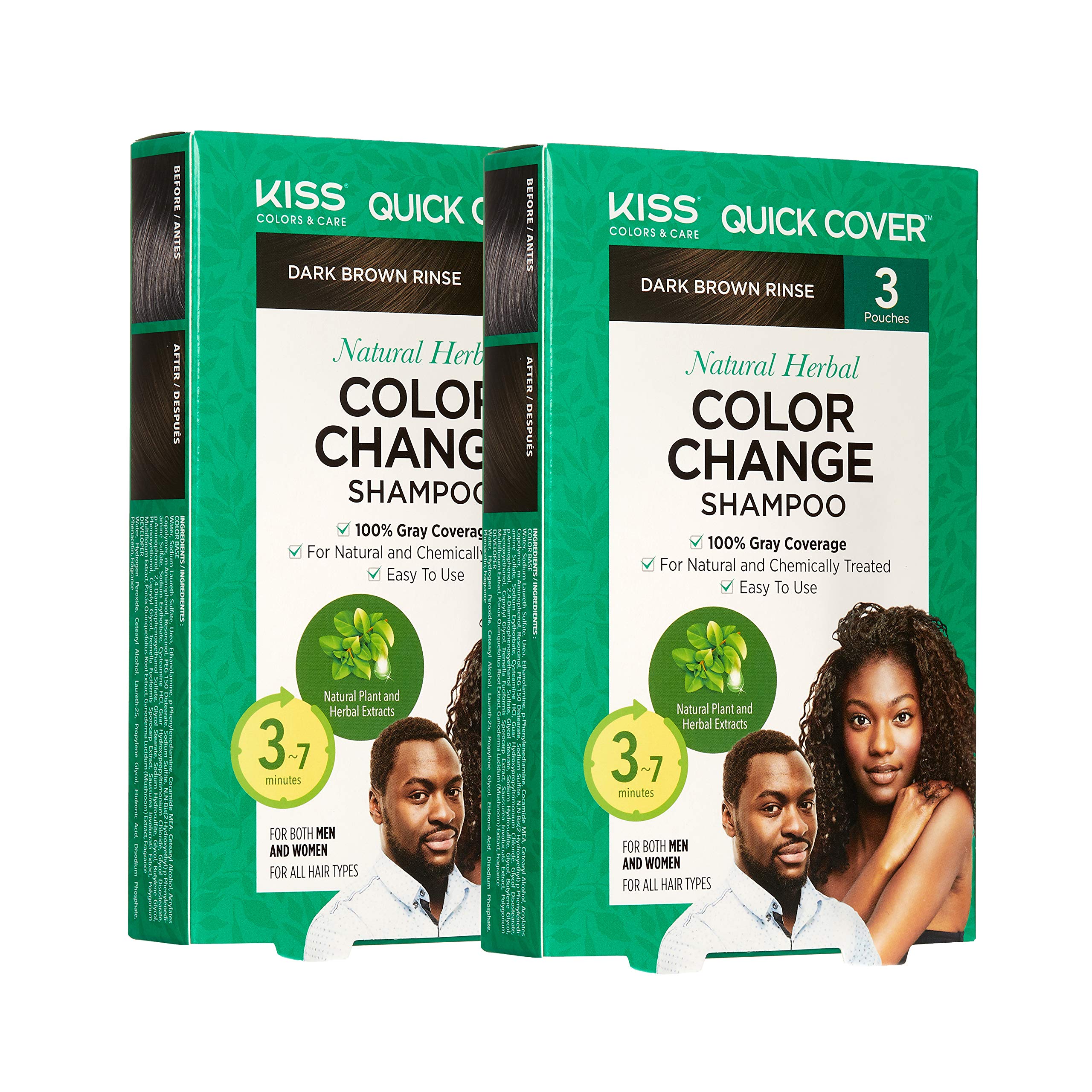 KISS Quick Cover Natural Herbal Color Change Shampoo 3 Pouches (2 PACK, Dark Brown)