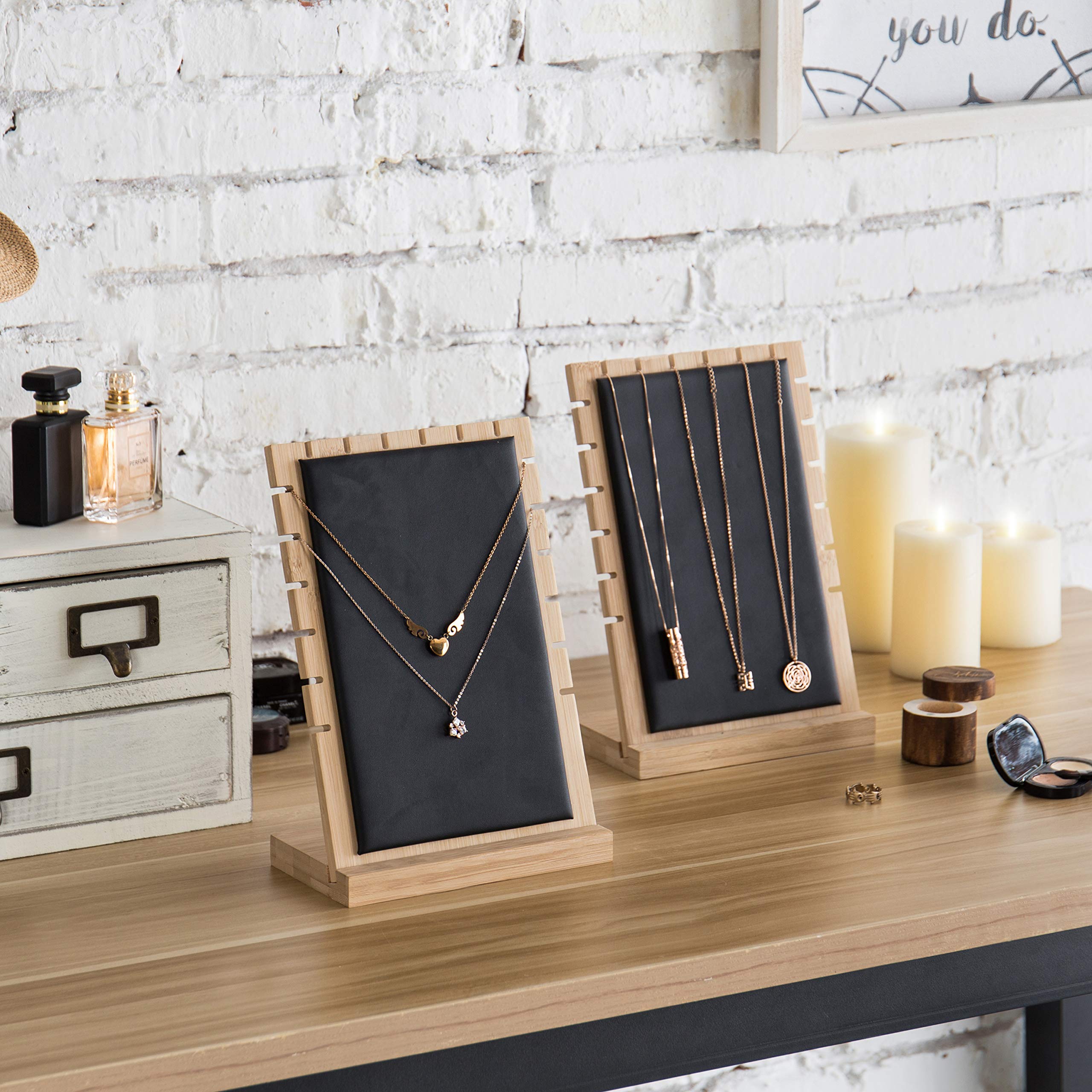 MyGift Modern Bamboo Necklace Jewelry Tabletop Display Boards, Set of 2,Black