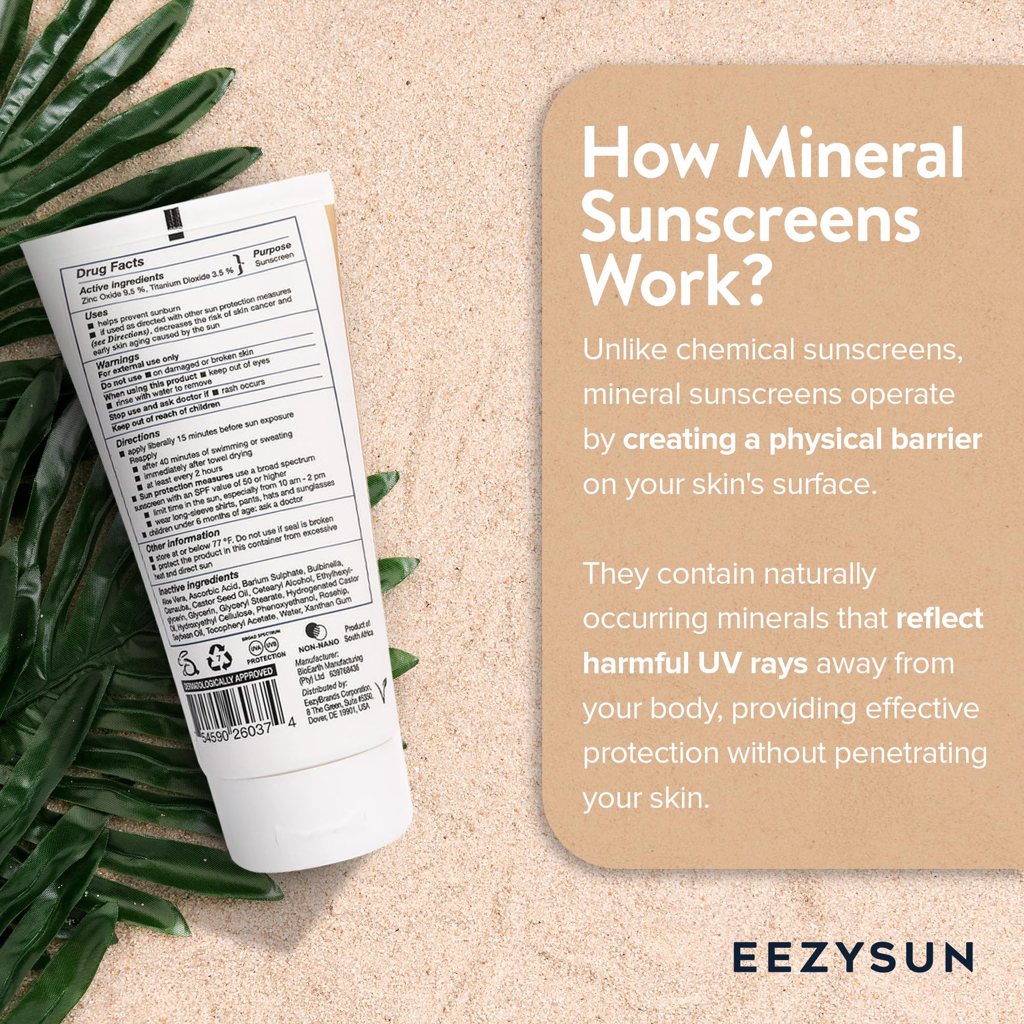 Eezysun Mineral Spf 50 Sunscreen | Infused With Aloe Vera | Vegan And Cruelty-Free | Hawaii 104 Reef Act Compliant | Broad Spect
