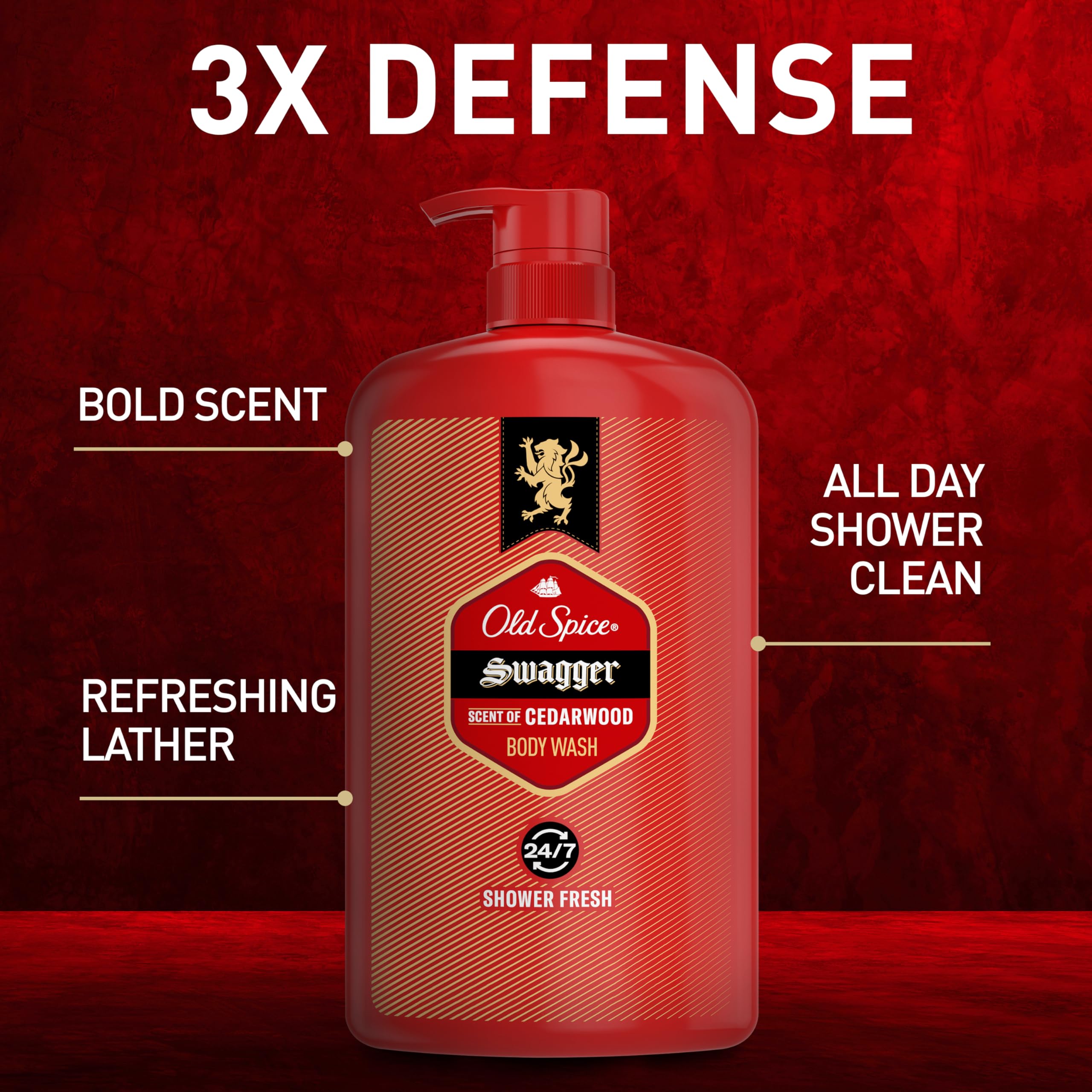 Old Spice Body Wash For Men, 24/7 Shower Fresh With Lasting Scent, Red Collection, Swagger With Cedarwood Scent, 33.4 Fl Oz (Pac