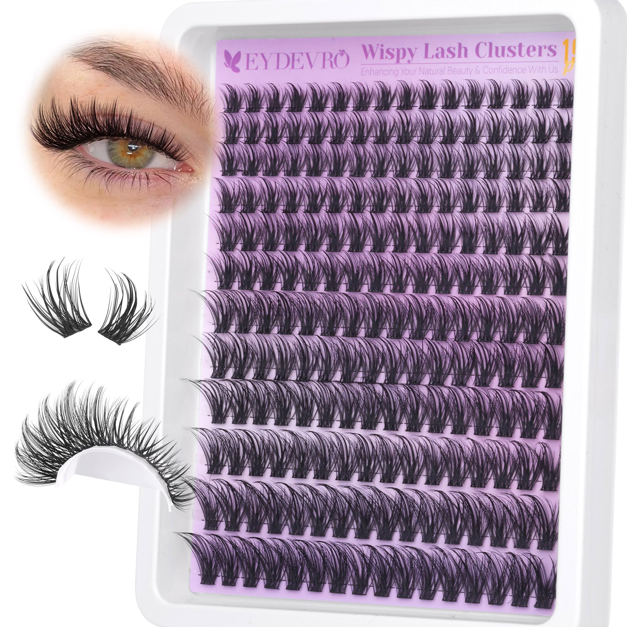 EYDEVRO Wispy Lash Clusters Natural Eyelash Clusters 9-18mm Cluster Eyelash Extensions CD Curl 192 Pcs Manga Cluster Lashes Indi