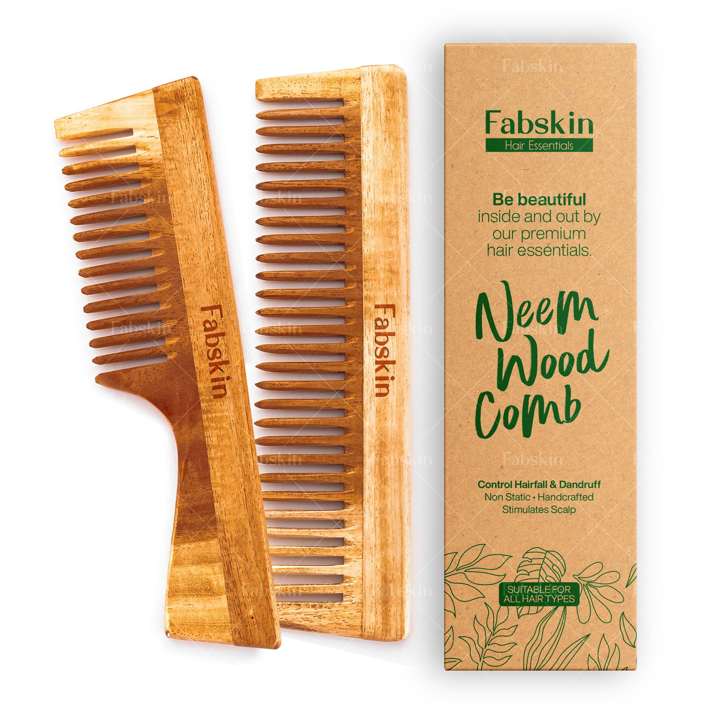 Fabskin Neem Wooden Comb Set Of 2 For Men & Women | Detangling, Frizz Control & Shine | Handle & Wide Tooth Comb | For All Hair 