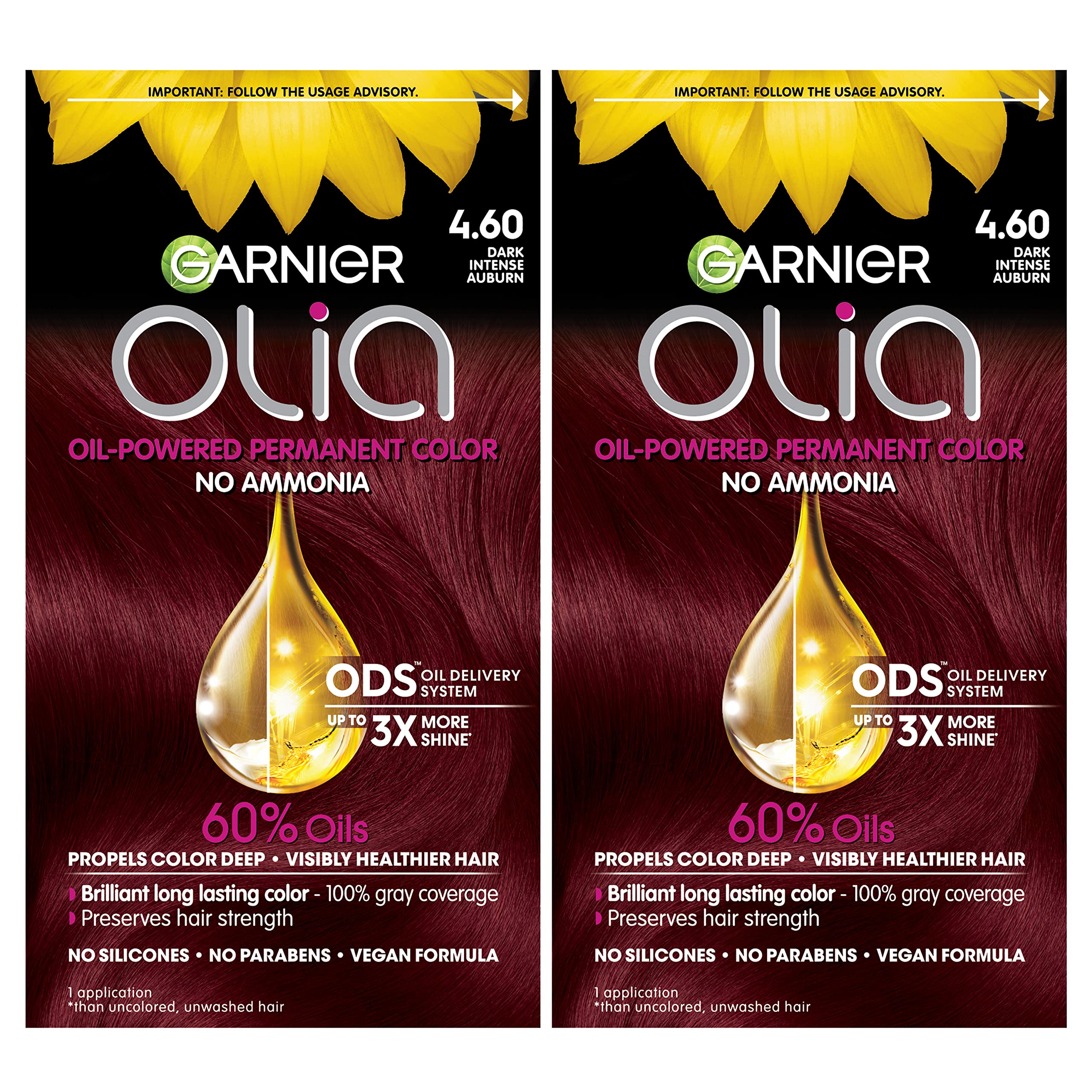 Garnier Hair Color Olia Ammonia-Free Brilliant Color Oil-Rich Permanent Hair Dye, 4.60 Dark Intense Auburn, 2 Count (Packaging M