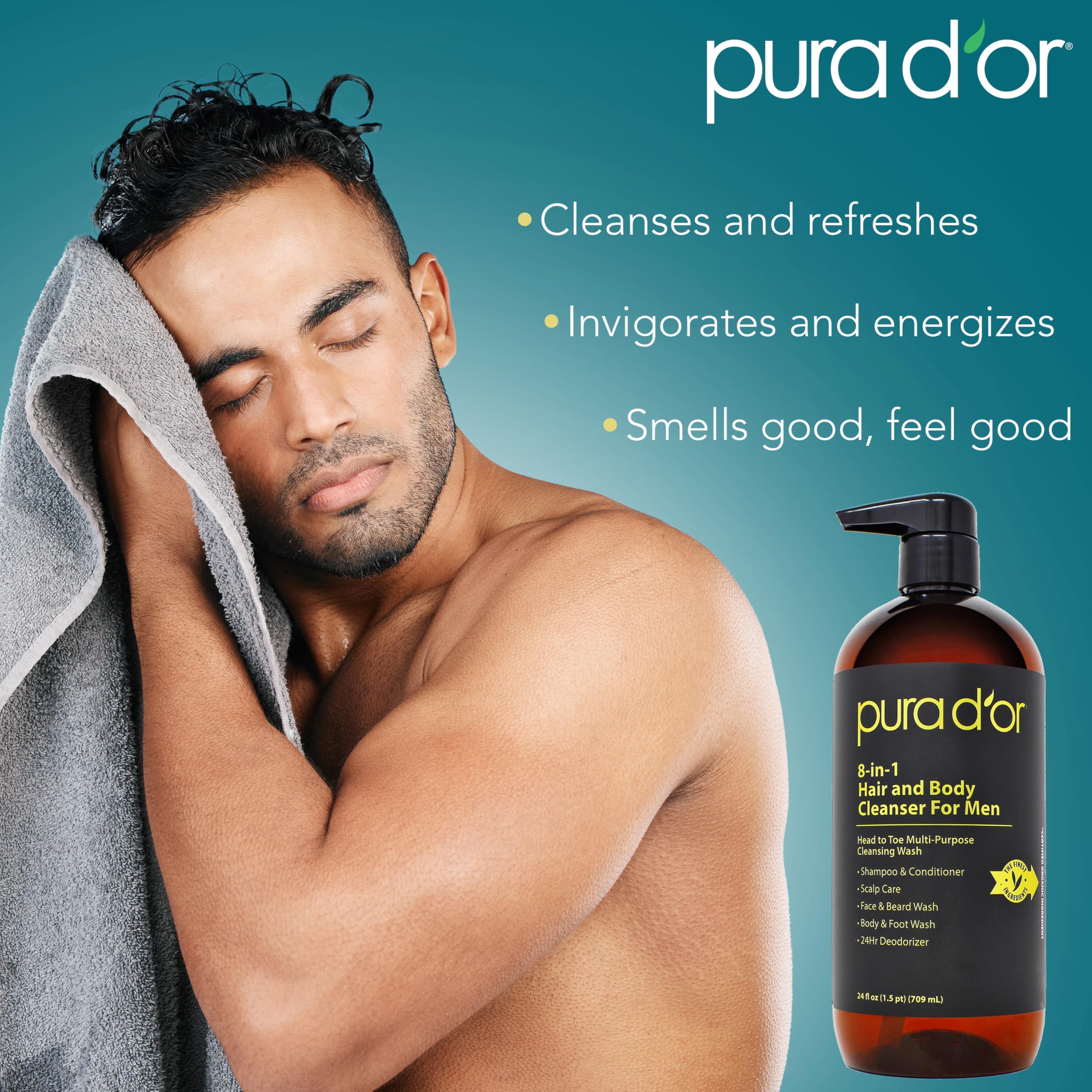PURA D'OR 24 Oz 8-in-1 Hair & Body Cleanser For Men - Sulfate-Free, Multi-Use Wash for Hair, Face, Beard & Body, with Organic Al