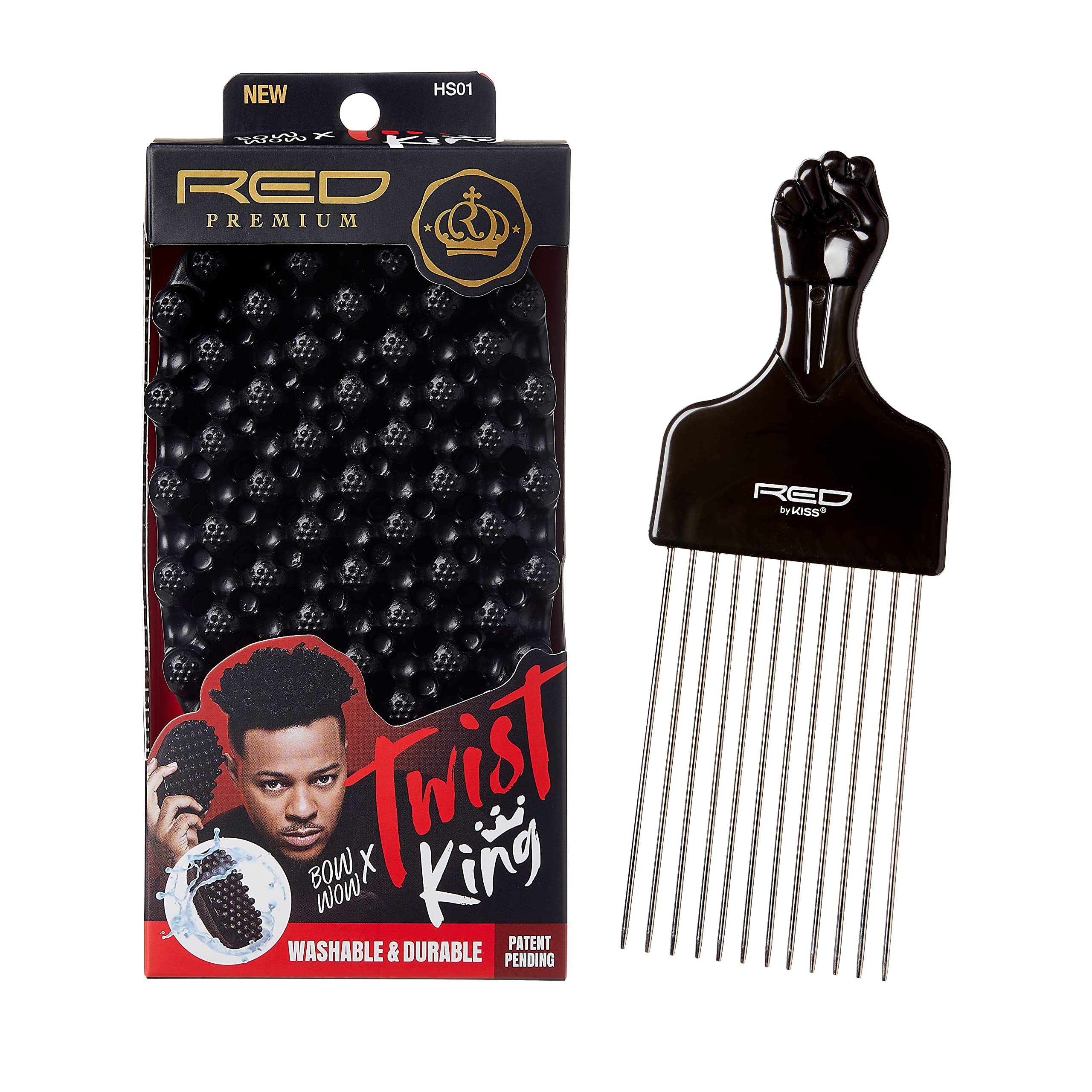 Red By Kiss Bow Wow X Twist King -Premium Luxury Twist Styler Brush With Large Styling Pik, Durable Washable Afro Curl Sponge Ra