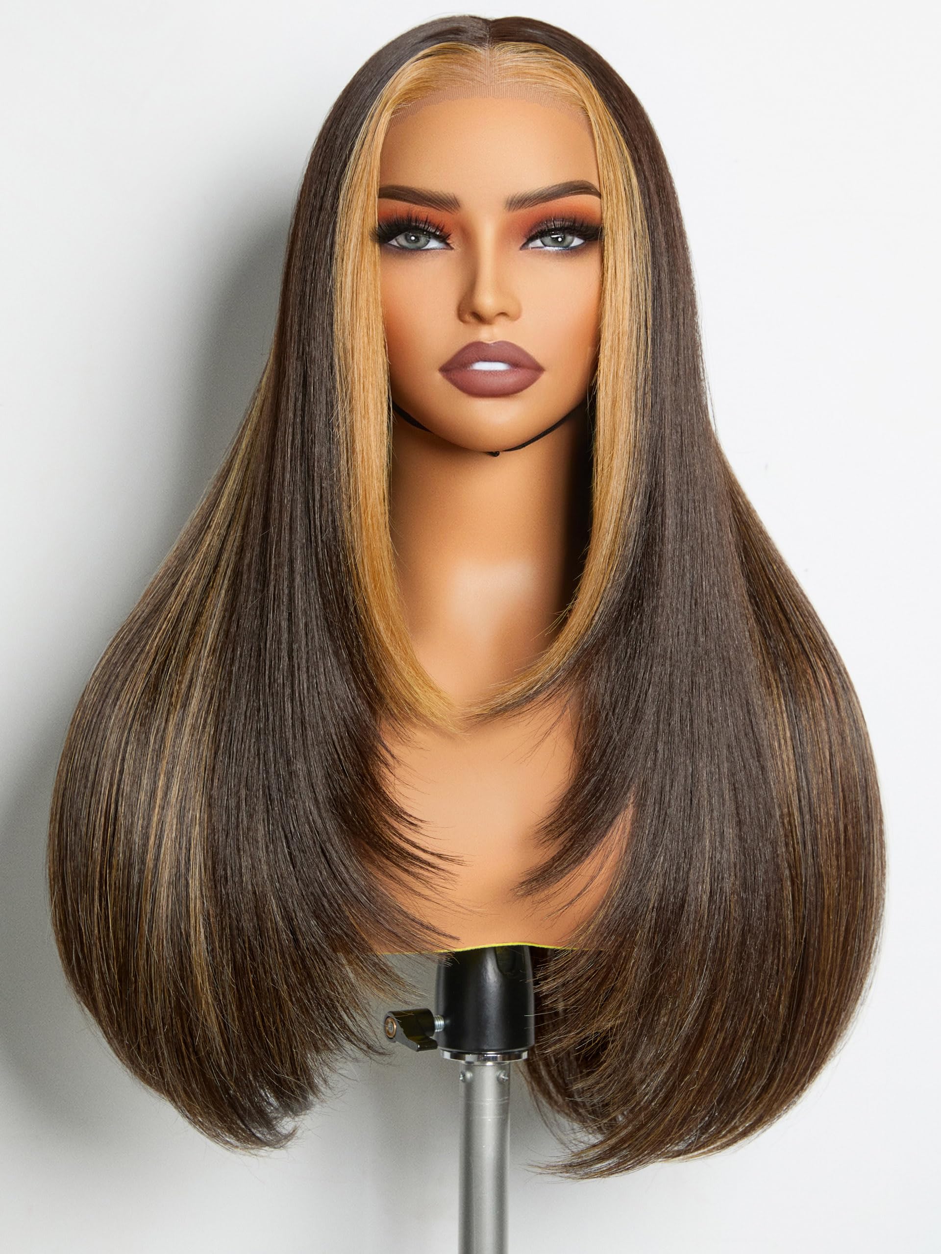 GORGIUS Dark Brown with Blonde Highlight Lace Wig Long Straight Layered Wig Pre Cut Glueless Closure Wig Middle Part Ombre Hairs