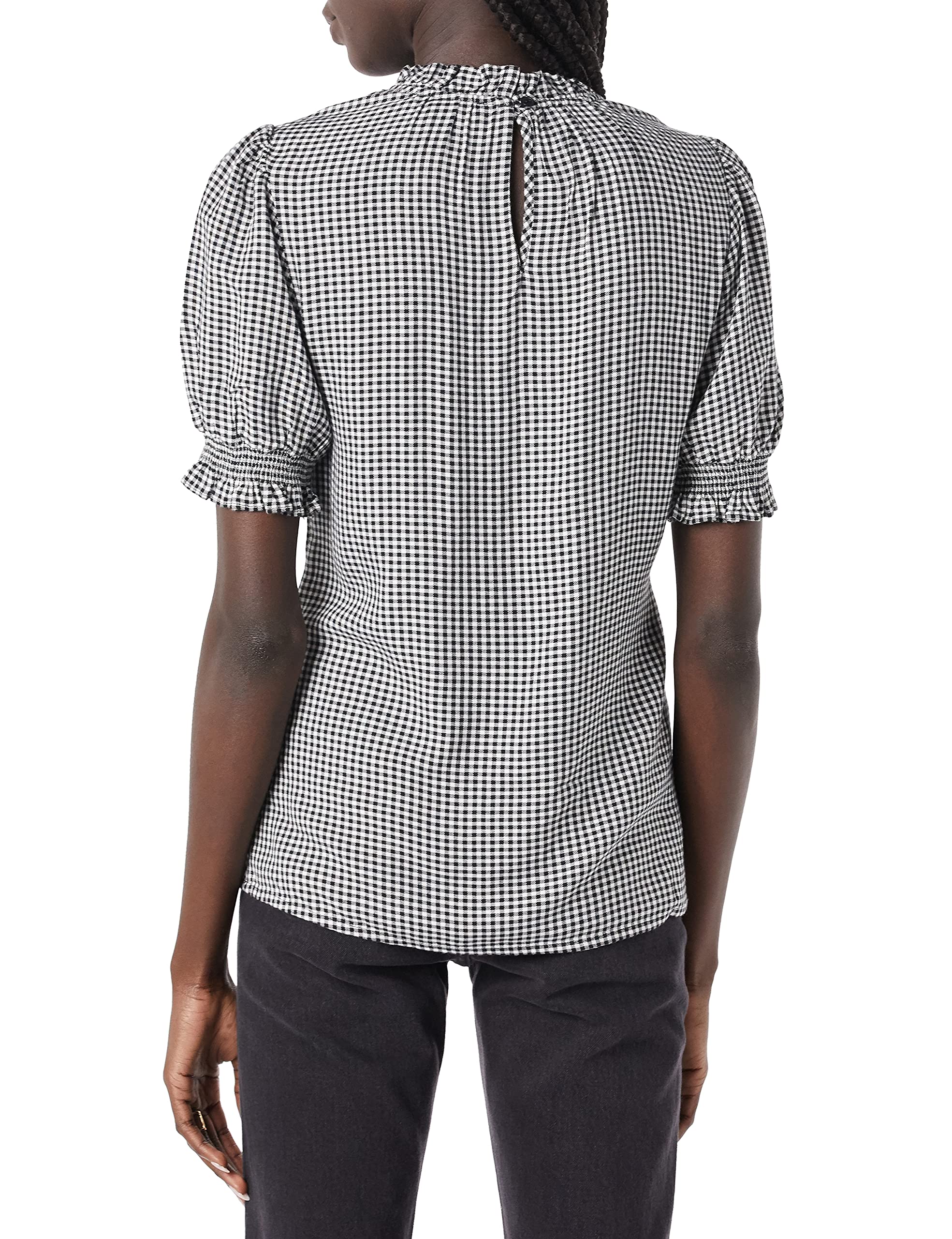 Amazon Essentials Womens Fluid Twill Short Puff Sleeve Smock Detail Shirt, BlackWhite, gingham, X-Small