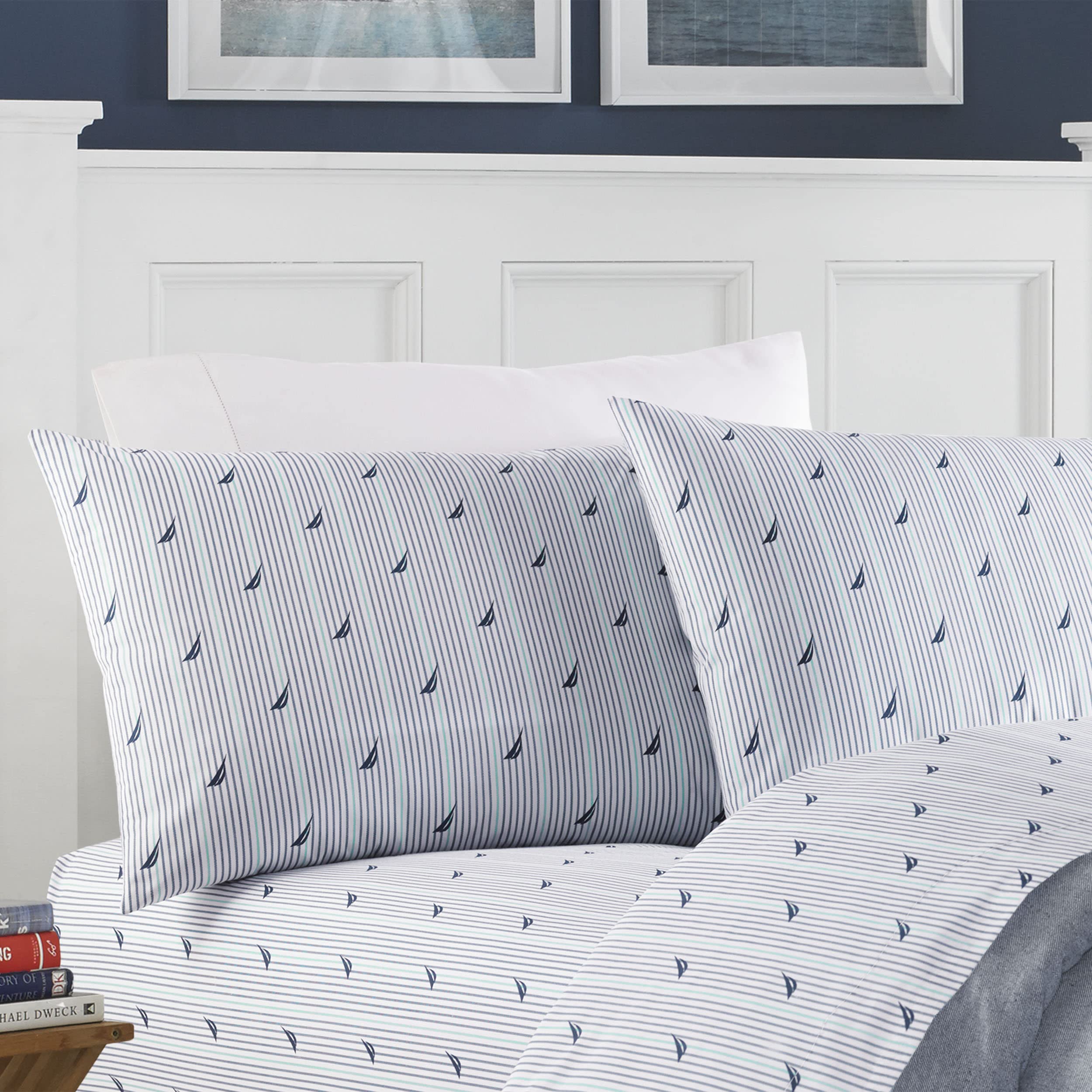 Nautica - Percale collection - Bed Sheet Set - 100 cotton, crisp  cool, Lightweight  Moisture-Wicking Bedding, Queen, Audley,Blu