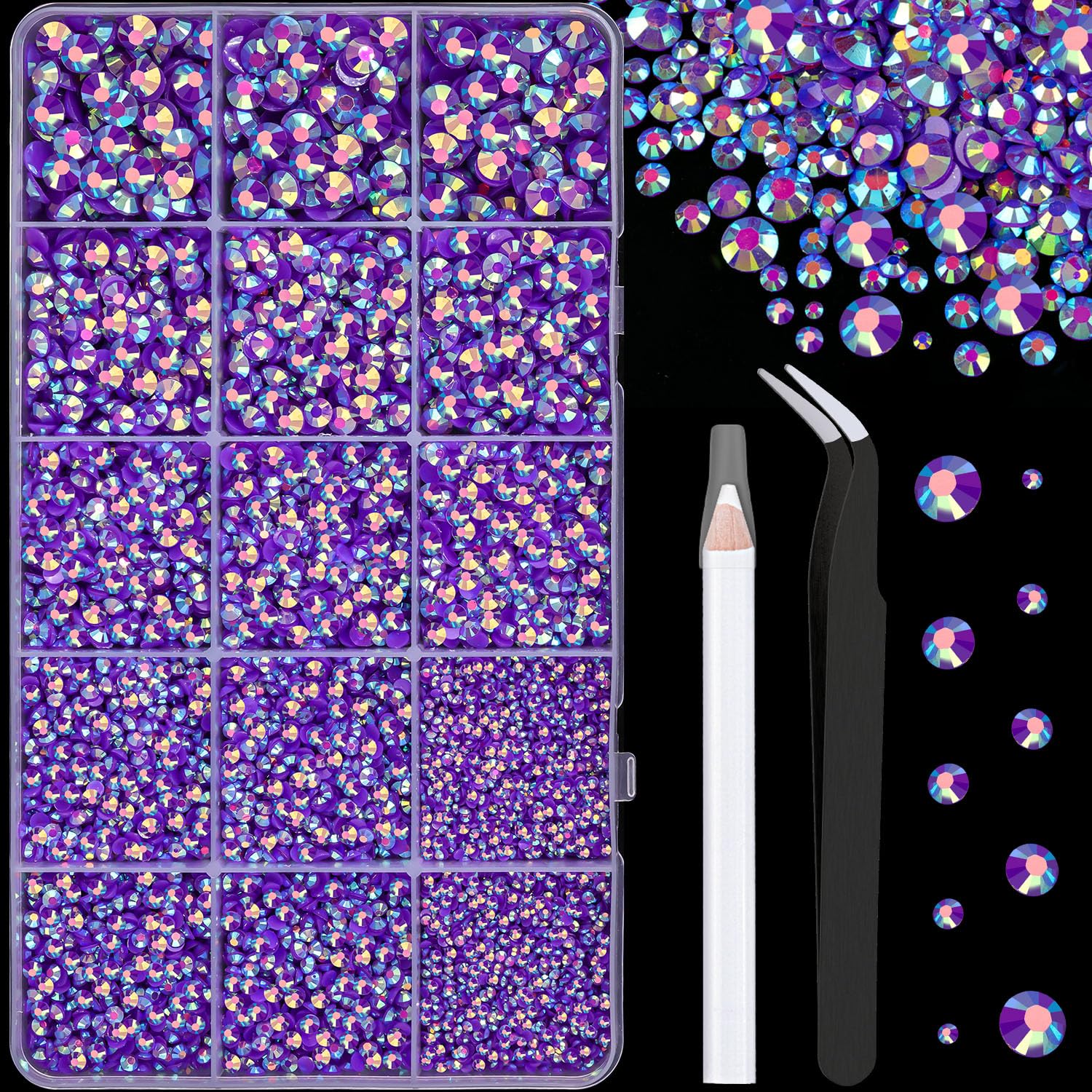 16000Pcs Resin Jelly Rhinestones with Tweezers for Crafting, Dark Purple AB 2-6mm Mixed Sizes Flatback Gems, Bedazzling Crystal 