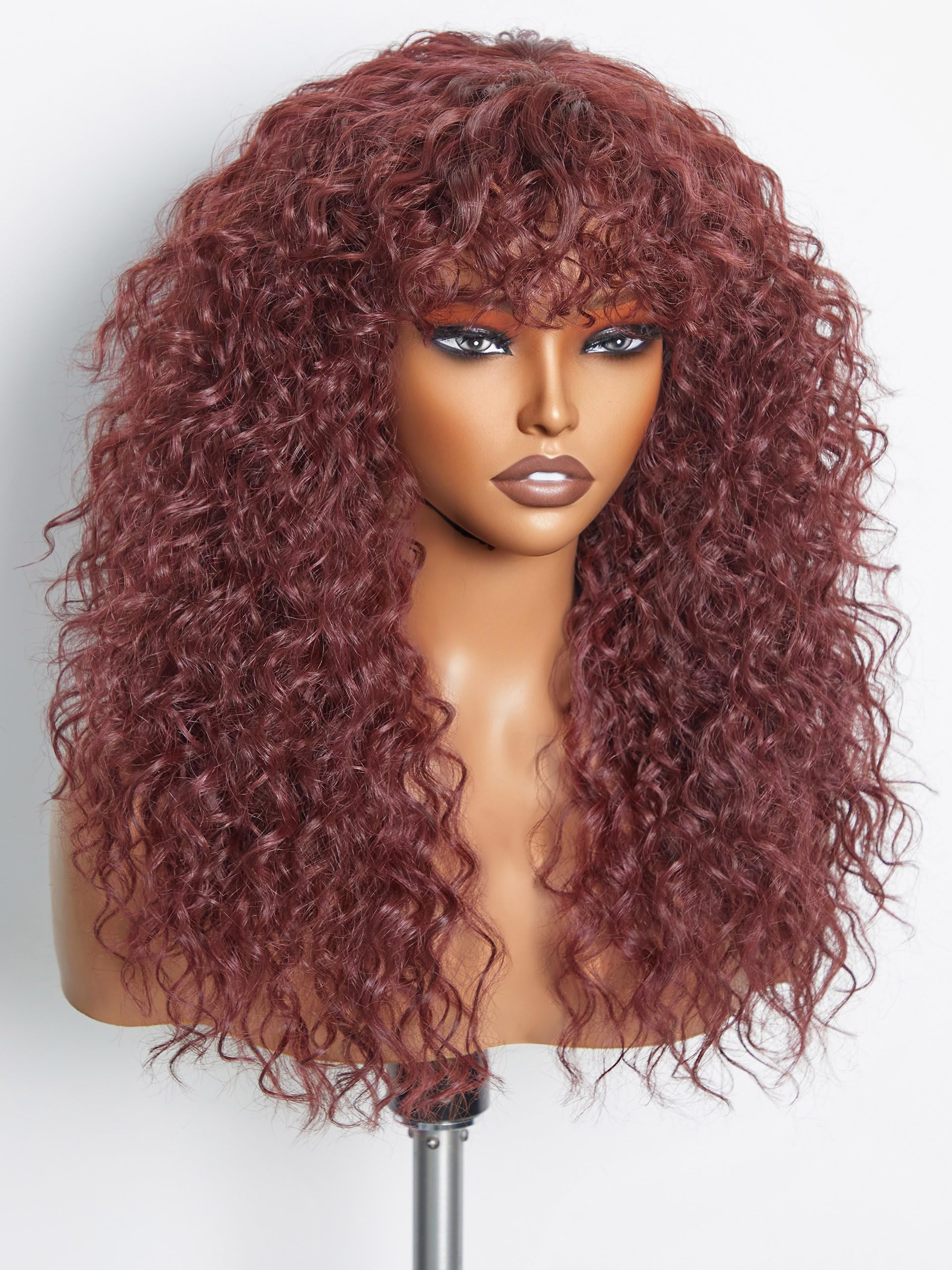 GORGIUS Shaggy Haircuts Curly Wig with Bangs Burgundy Colored Wigs Crafted with Style-Archive Technology: Premium Fiber & Remy H