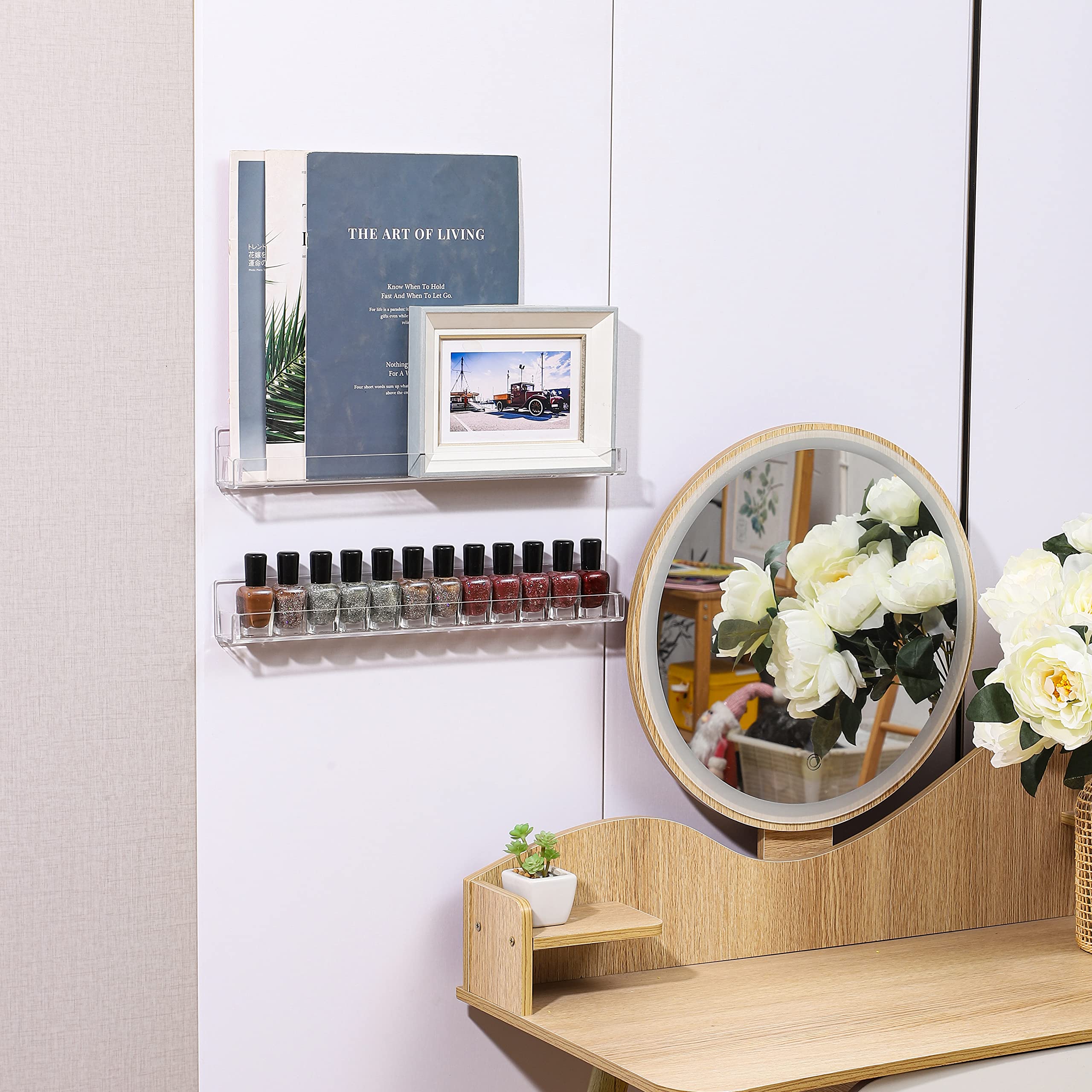 Baosia 4 Pack Nail Polish Rack Wall Mounted Shelf with Removable Anti-Slip End Inserts,15 Inches Invisible Acrylic Floating Book