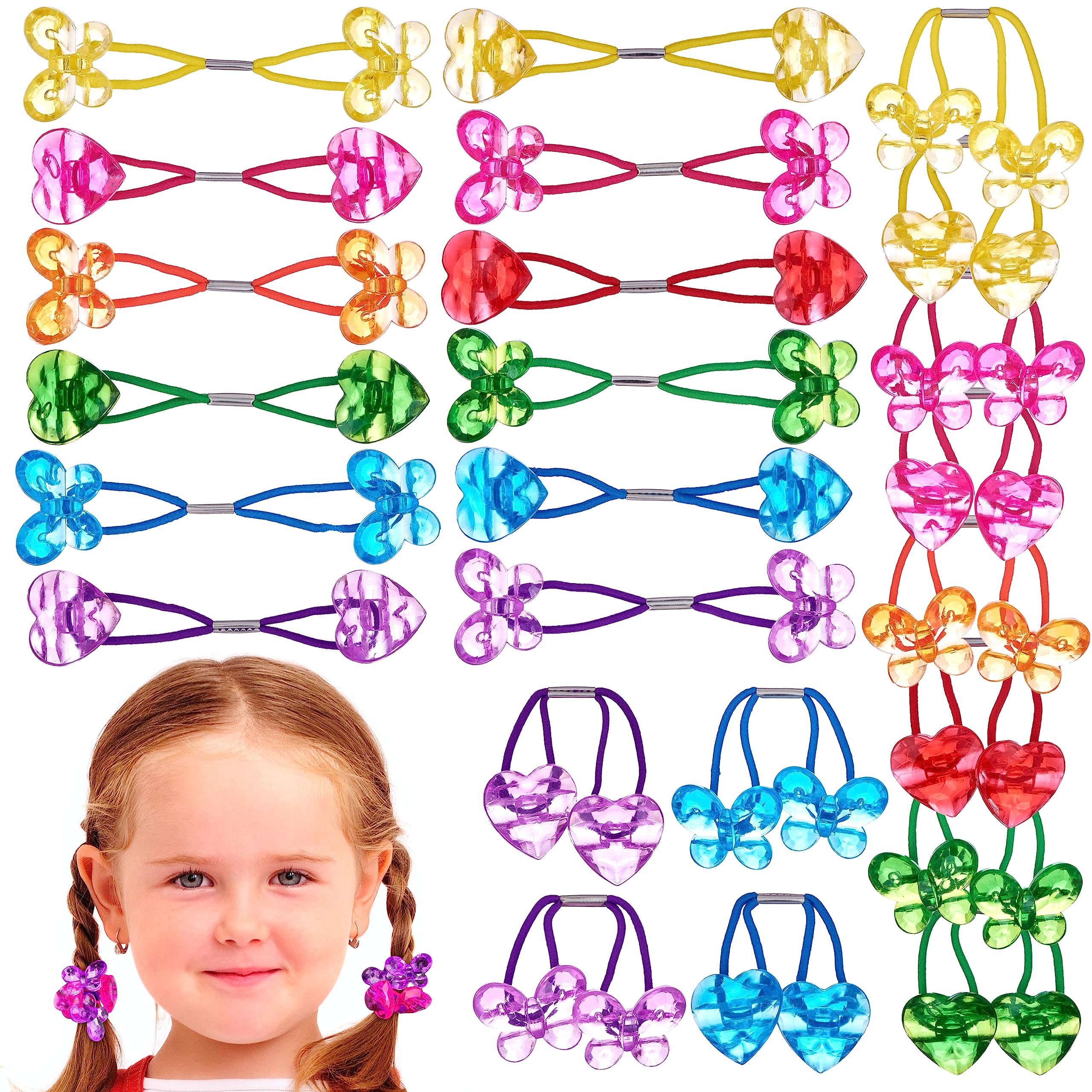 Expressions 24pc Ponytailers Heart & Butterfly Assorted Twin Bead Ponytail Hair Elastics, Bright Multicolored Twin Hair Beads Ba