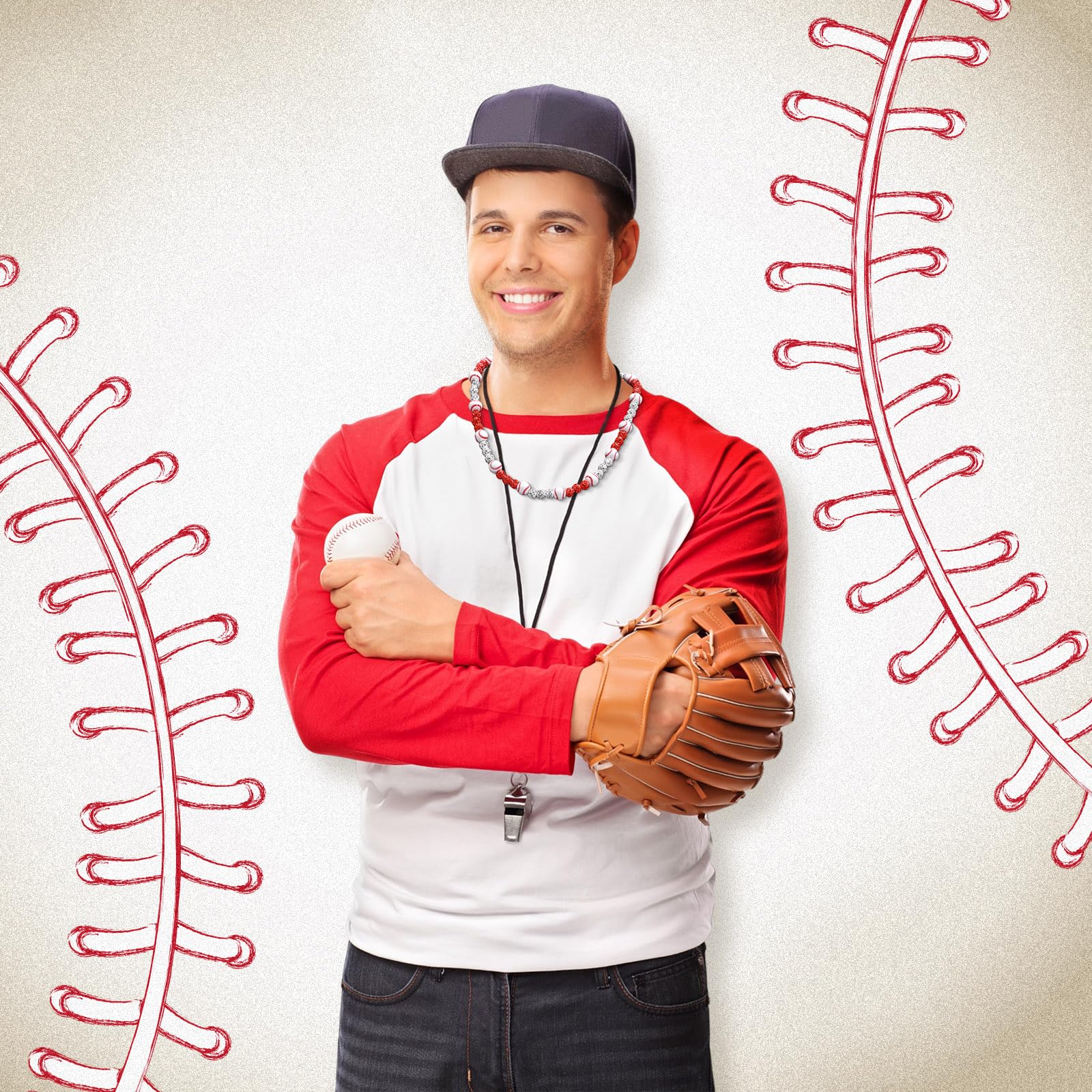 Liliaafar 6 Pcs Baseball Beaded Necklace for Teenager Bling Rhinestone Clay Beaded Necklace Gifts for Sports Team Fans(White, Re