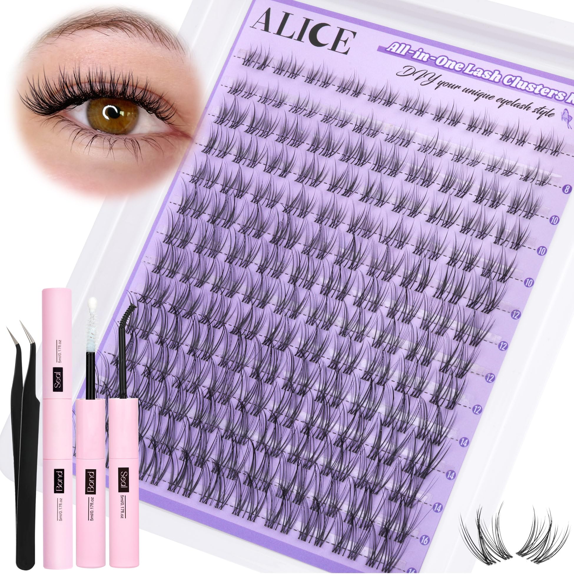 ALICE Cluster Eyelash Extension Kit Natural Wispy Lash Clusters Kit Lash Extension Kit Clear Band 168pcs C Curl 11-13mm Individu
