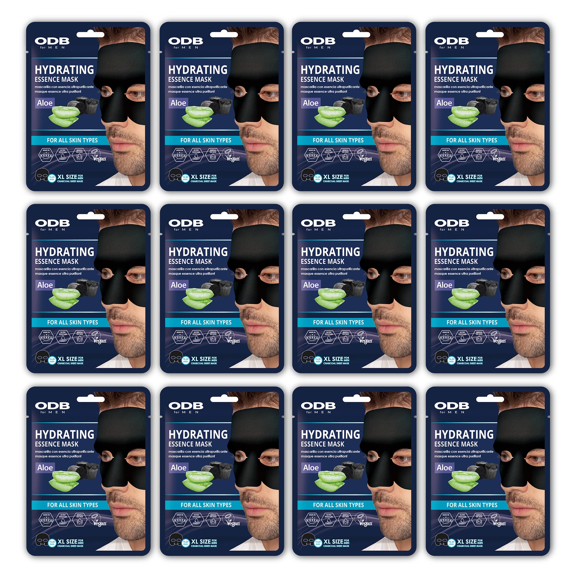 Original Derma Beauty Odb For Men Charcoal Essence Sheet Mask 12 Pk Hydrating Aloe Mens Skin Care Sheet Masks For Face Mens Skin