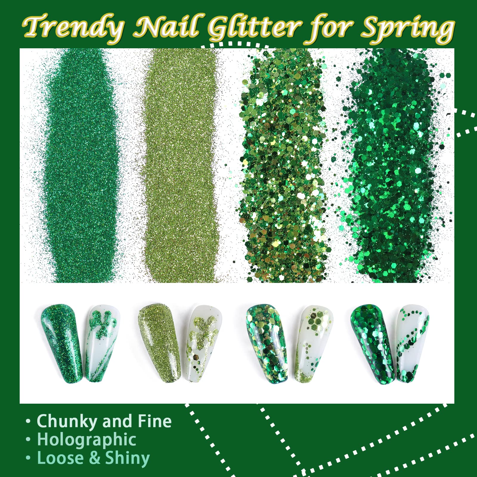 Allstarry Nail Glitter 4 Colors Shamrock Green Holographic Glitter Iridescent Chunky Nail Flakes Hexagon Face Sequins Sparkly Fi