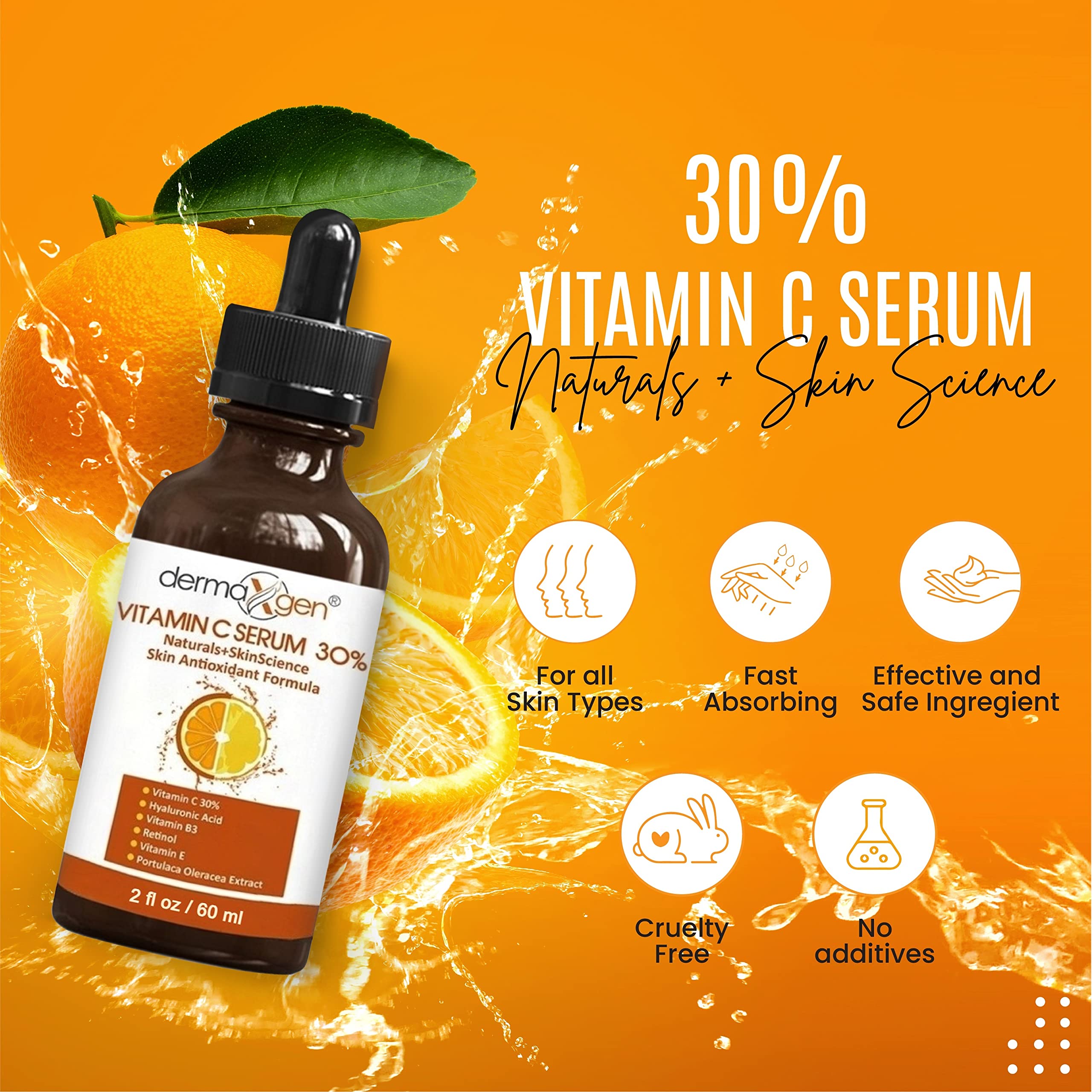 Dermaxgen 30% Vitamin C Serum For Face, Hyaluronic Acid & Vitamin E - Natural & Organic Anti Wrinkle & Skin Rejuvenator Moisturi