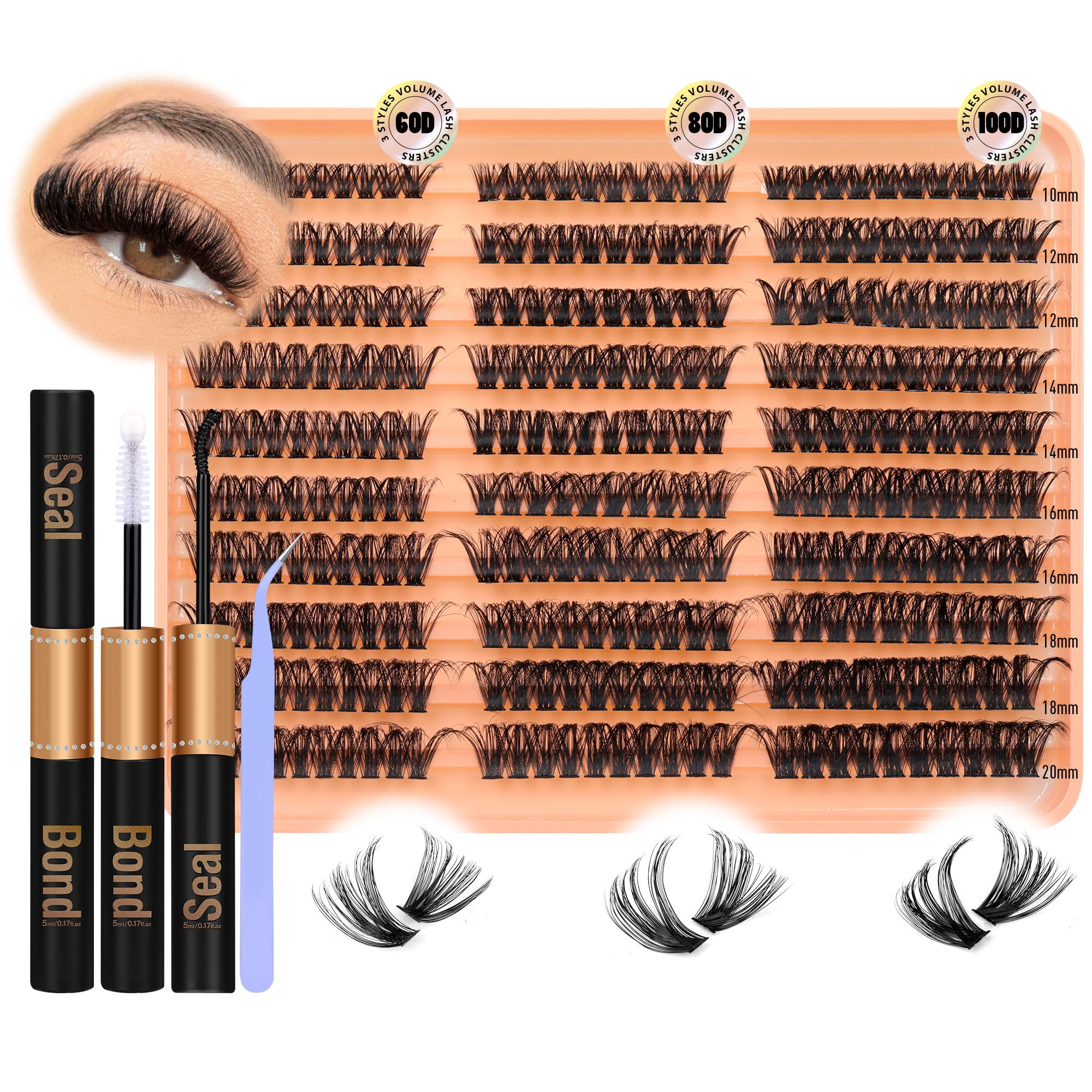 JIMIRE 300Pcs Lash Extension Kit 60D+80D+100D Thick Mink Eyelash Extension Kit with Lash Bond and Seal and Tweezers Fluffy D Cur