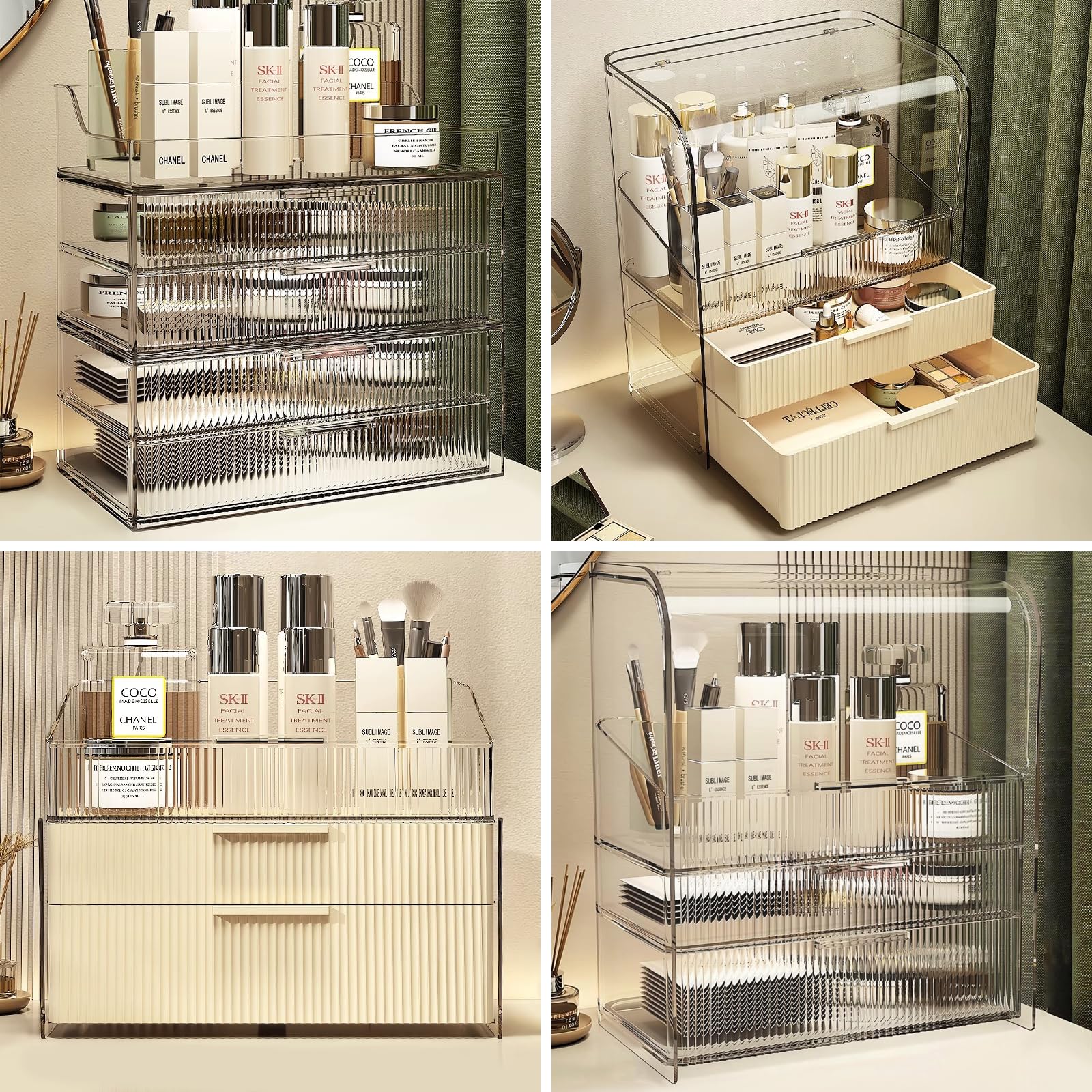 DASITON Clear Dustproof Four layers Storage Box,Makeup Brush Holder,Large Capacity Desktop Storage Box with Drawer,for Beauty Pr
