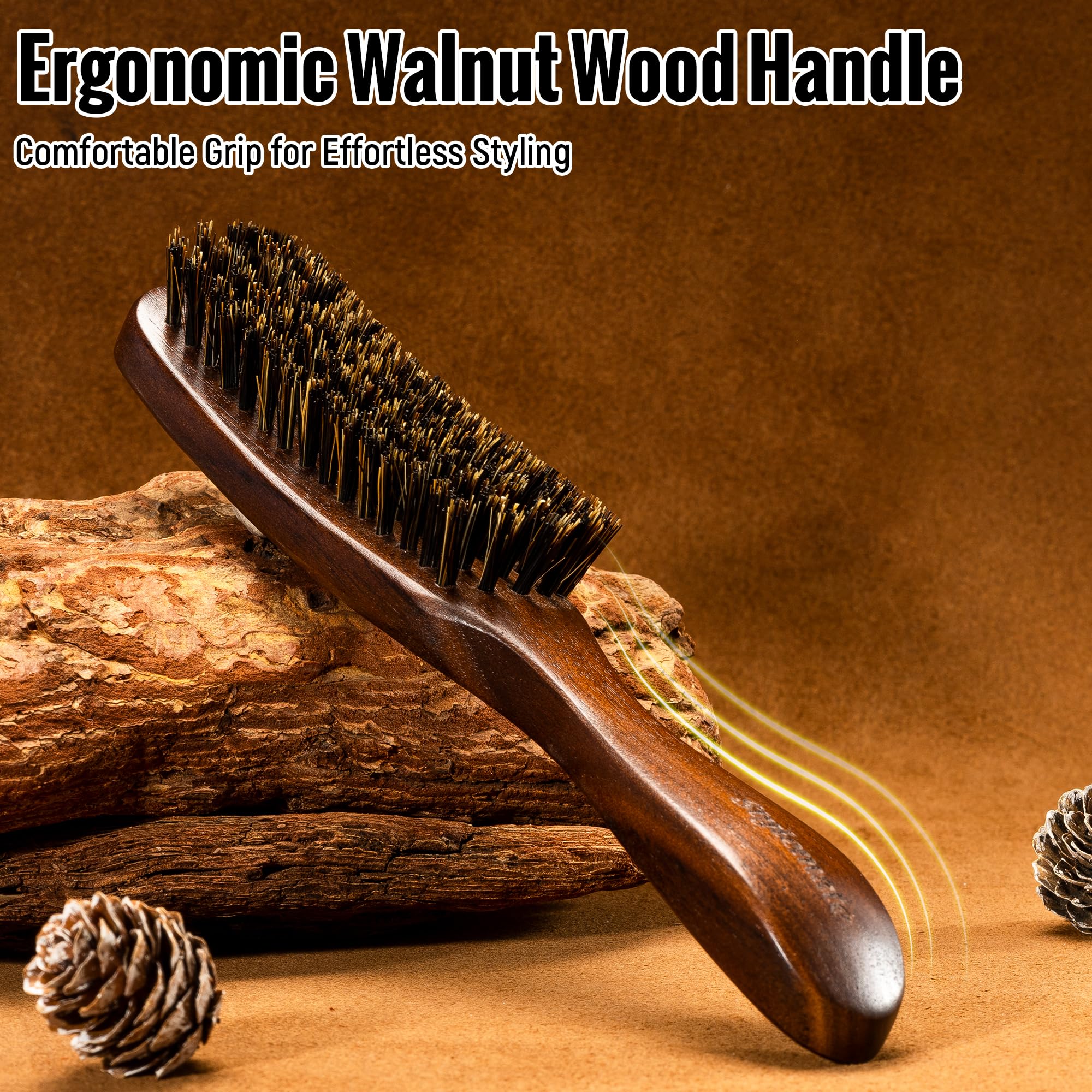 Boar Bristle Hair Brush For Men, Mens Slick Back Hair Brush With Stiff Bristles & Wooden Walnut Handle For Thick & Fine Hair Smo