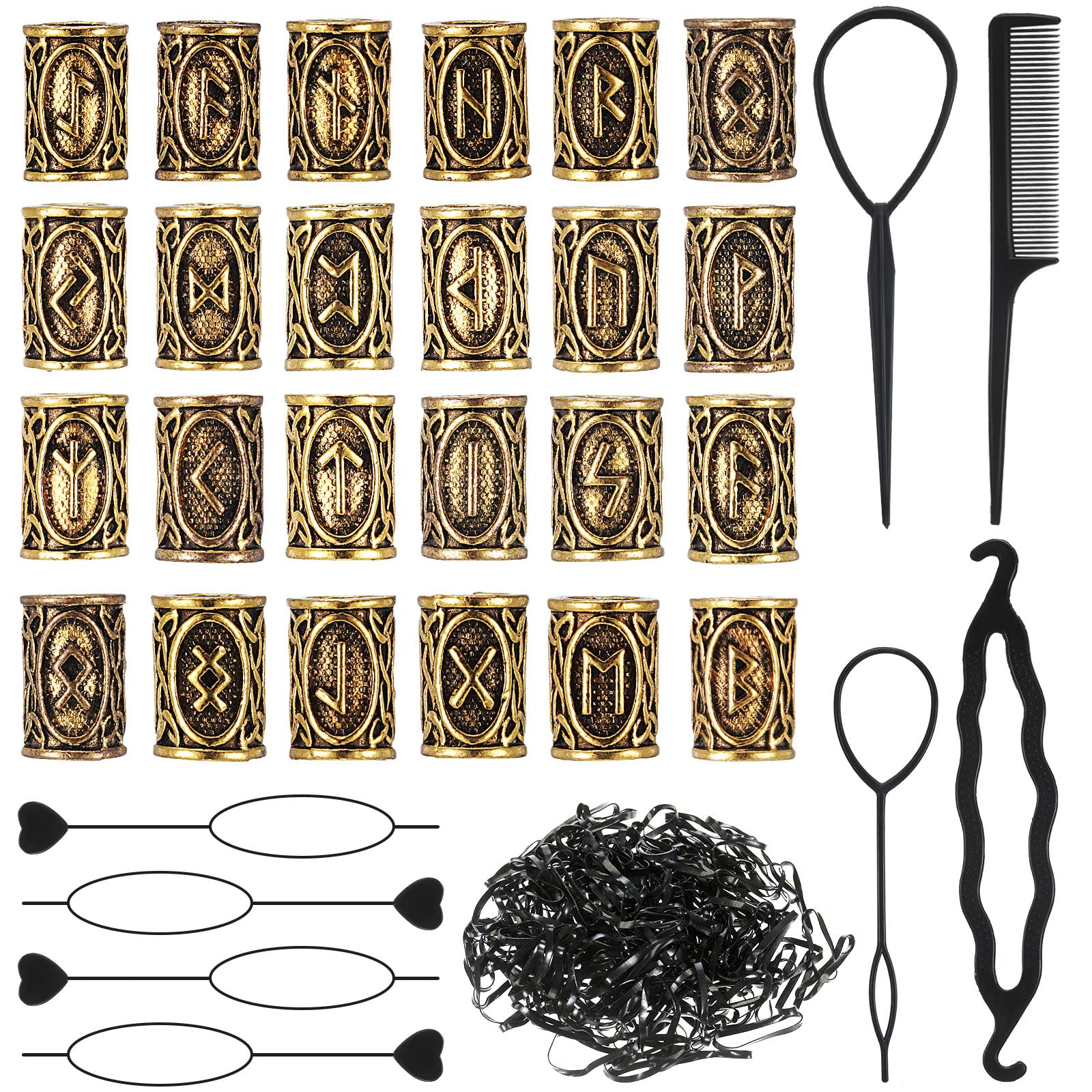 Geosar 24 Piece Norse Vikings Runes Hair Beard Beads for Bracelets Necklace Accessories DIY Includes 7 Pieces Pull Hair Pin Quic