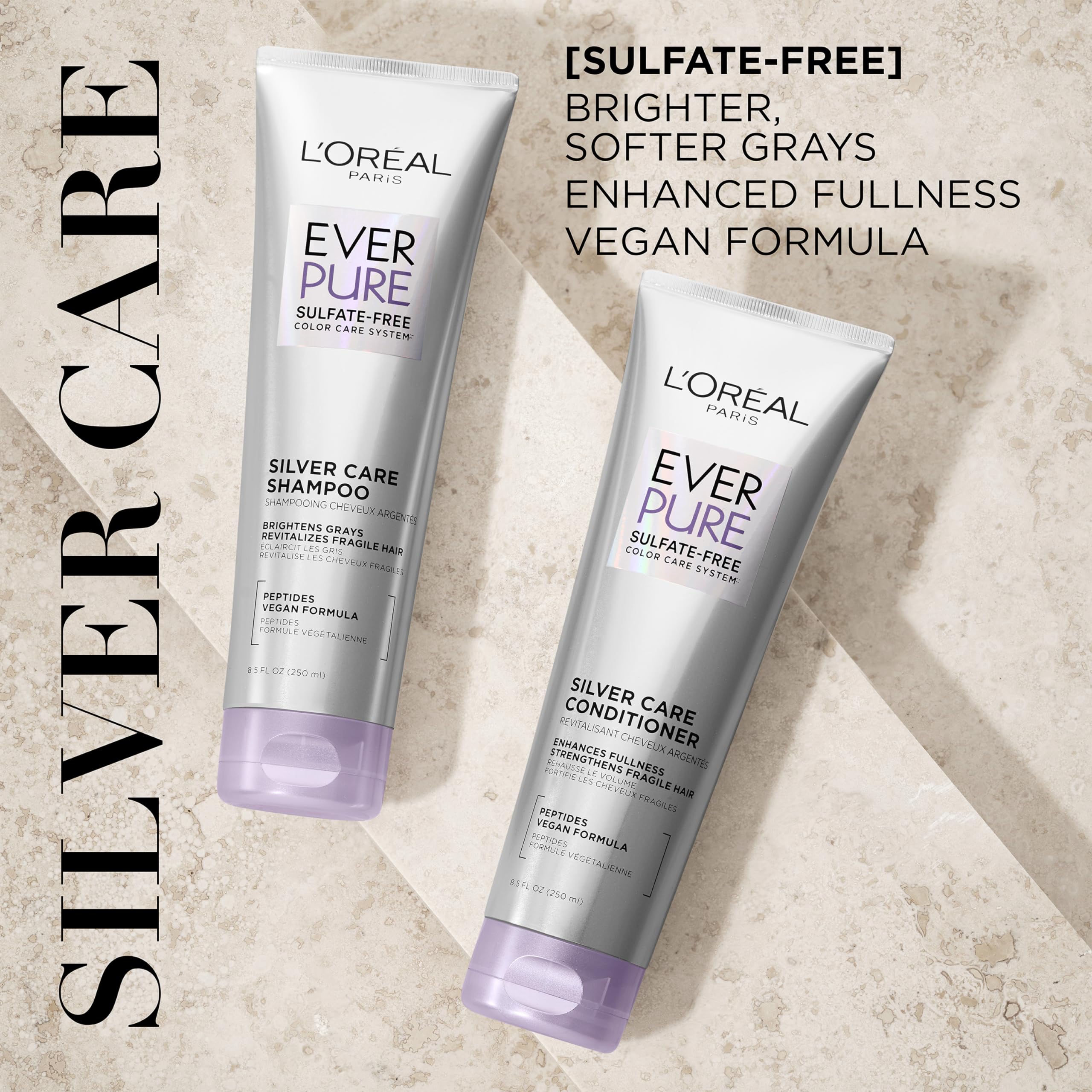 L'Oreal Paris EverPure Silver Care Sulfate Free Shampoo and Conditioner Set, Nourishing Vegan Formula with Peptides for Brighten