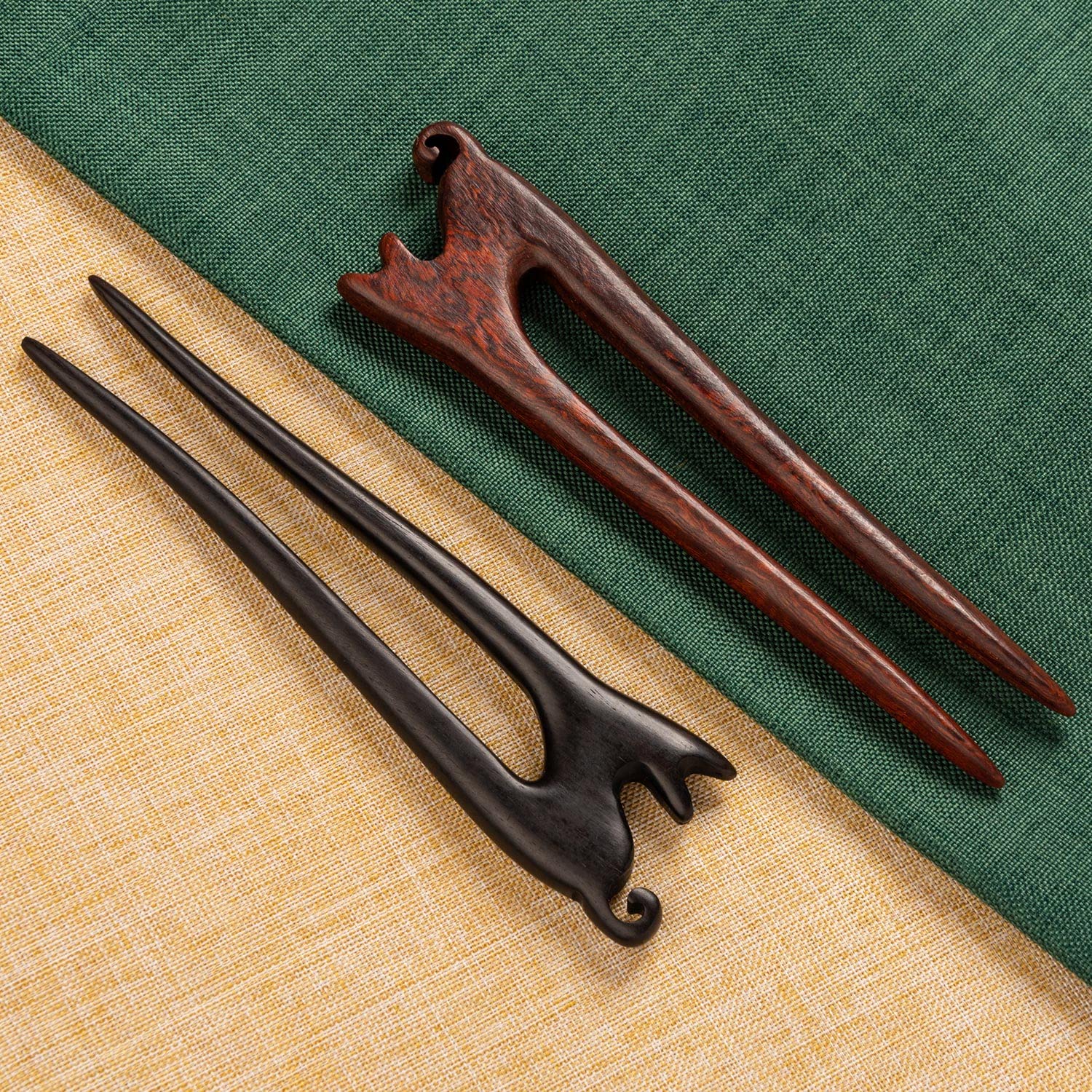 Noverlife 2Pcs U Shape Wooden Hair Sticks, Handmade Carved Ebony Sandalwood French Hair Forks, With Cute Cat Kitty Design, 2-Pro