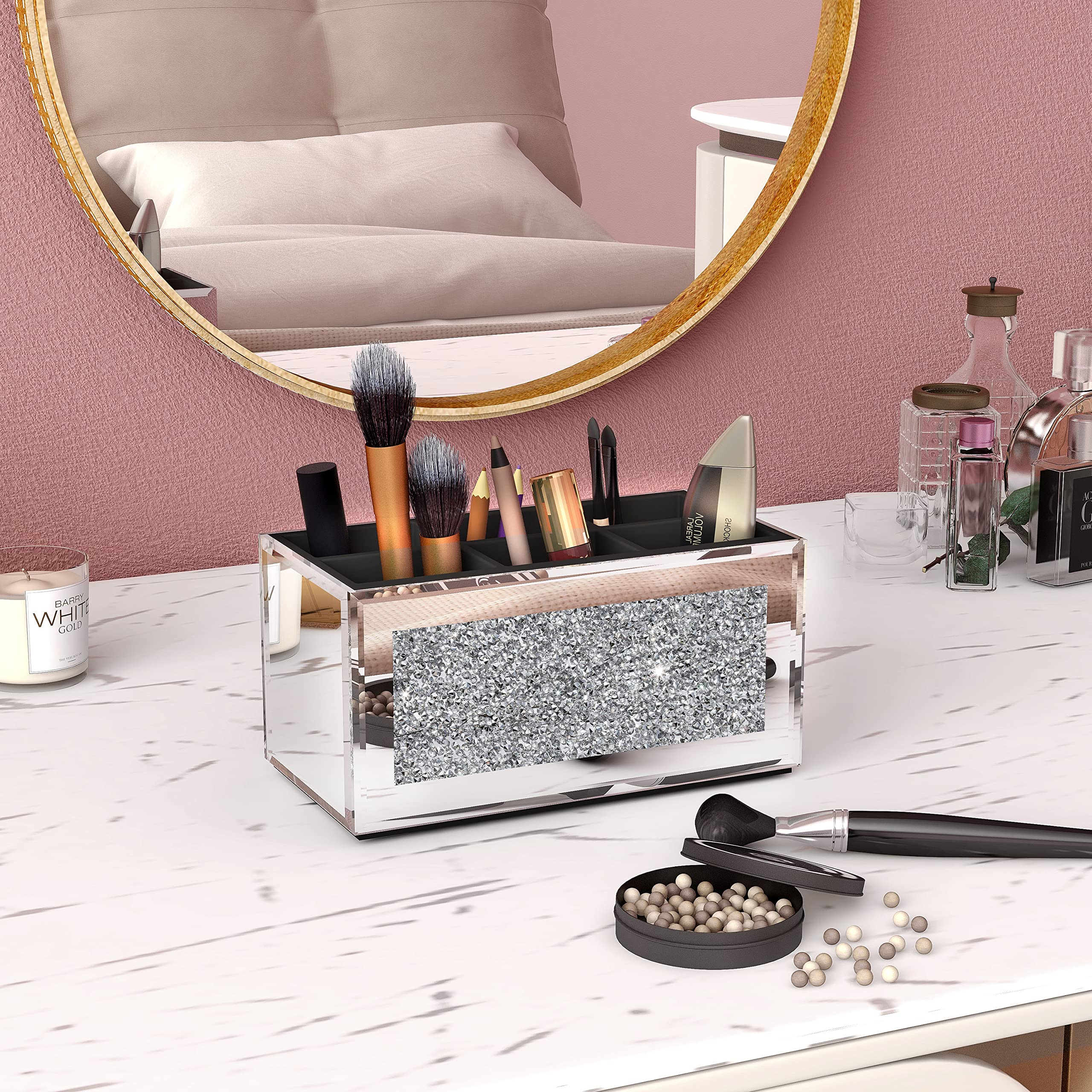 Shyfoy Makeup Brush Holder Organizer With Crushed Diamond 6 Slot Mirrored Make Up Cosmetics Organizers And Storage For Vanity Co