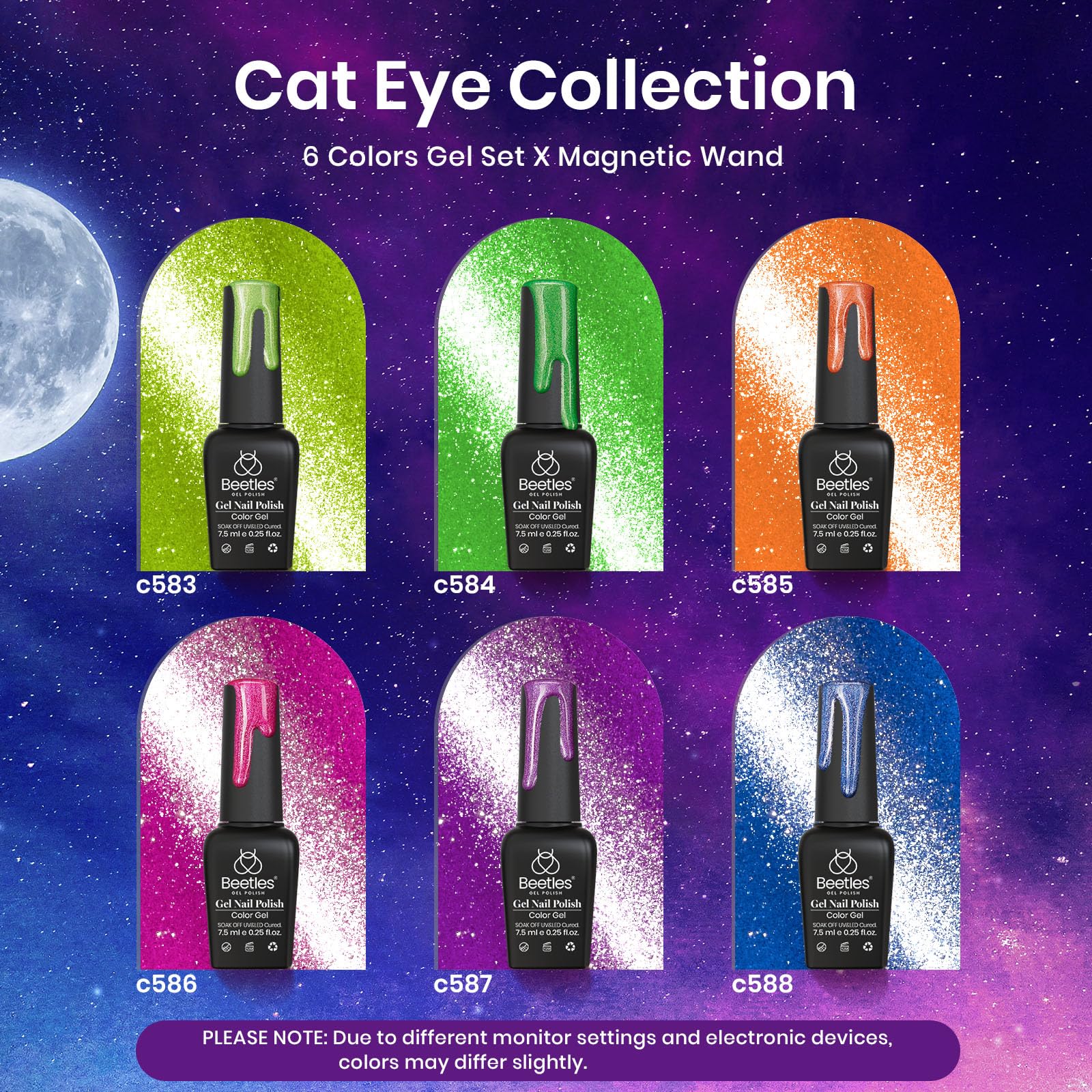 Beetles 6 Colors Summer Neon Cat Eye Gel Nail Polish Kit With Double-Ended Magnet, Bright Orange Blue Green Purple Holographic G
