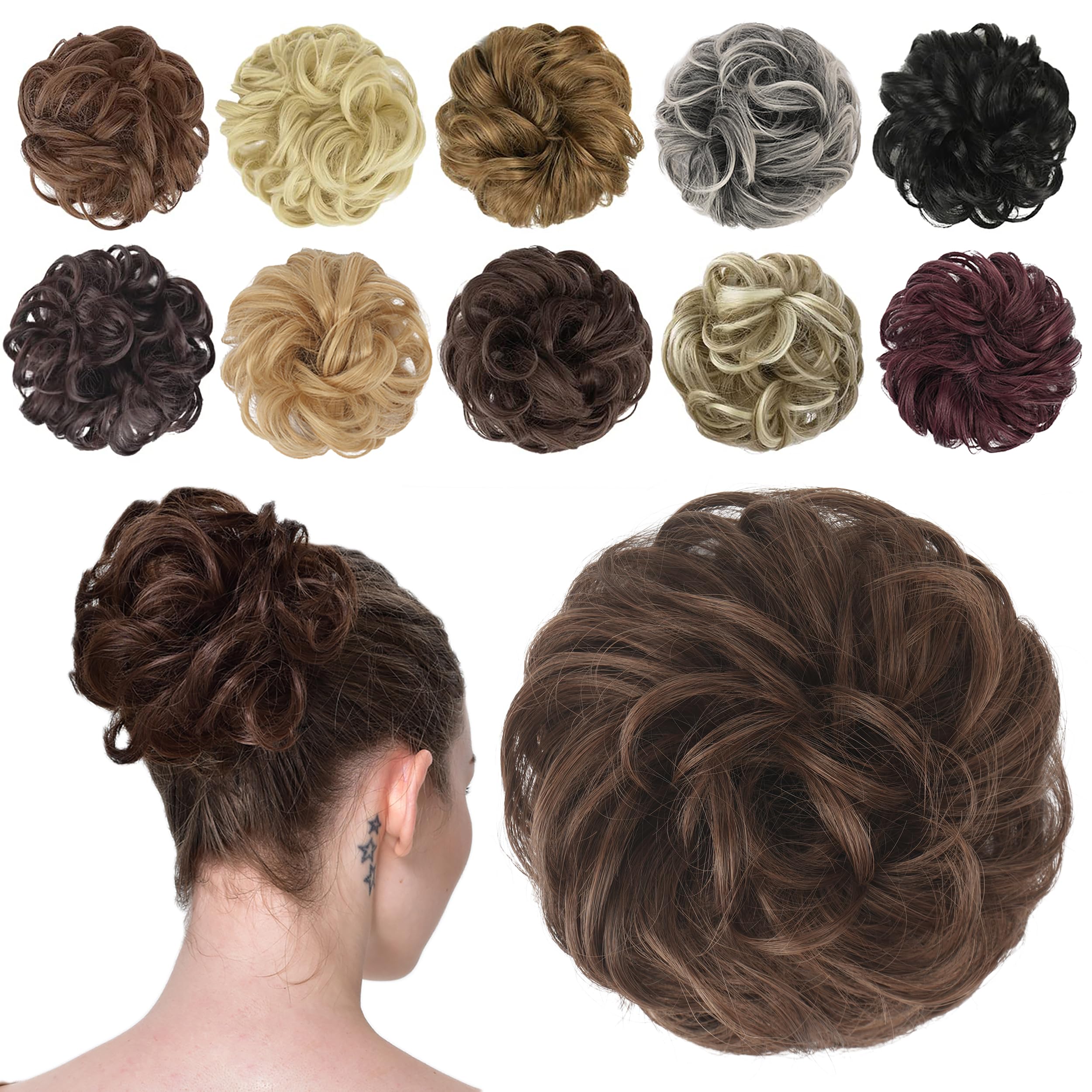 FESHFEN Hair Buns Hair Piece Hairpieces for Women Brown and Light Auburn Mixed Hair Scrunchies Thick Hair Extension Bun Messy Wa