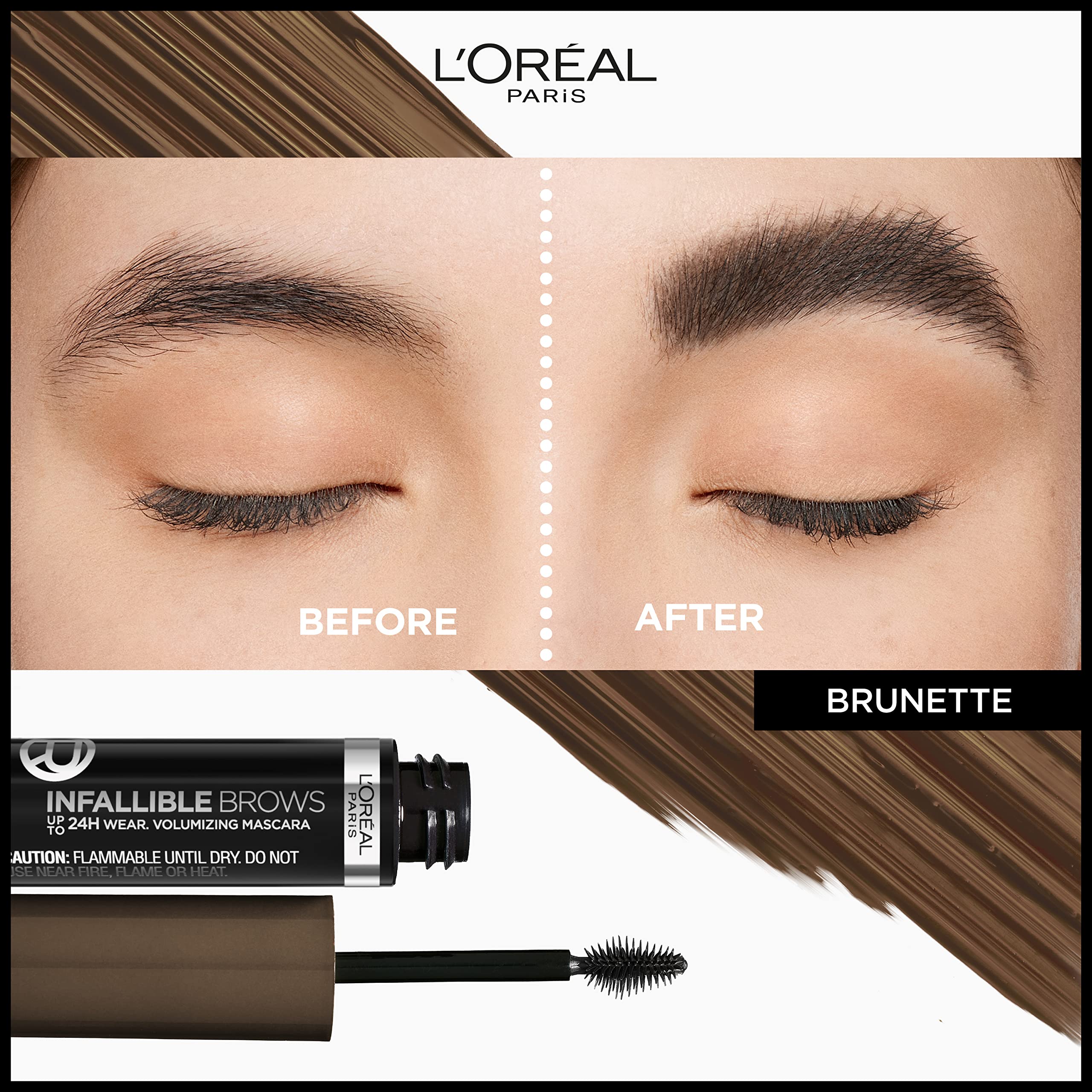 L'Oreal Paris Infallible Volumizing 24H Wear Brow Mascara, Long Lasting Eyebrow Makeup for 2X Fuller Eyebrows, 5.0 Brunette, 0.1