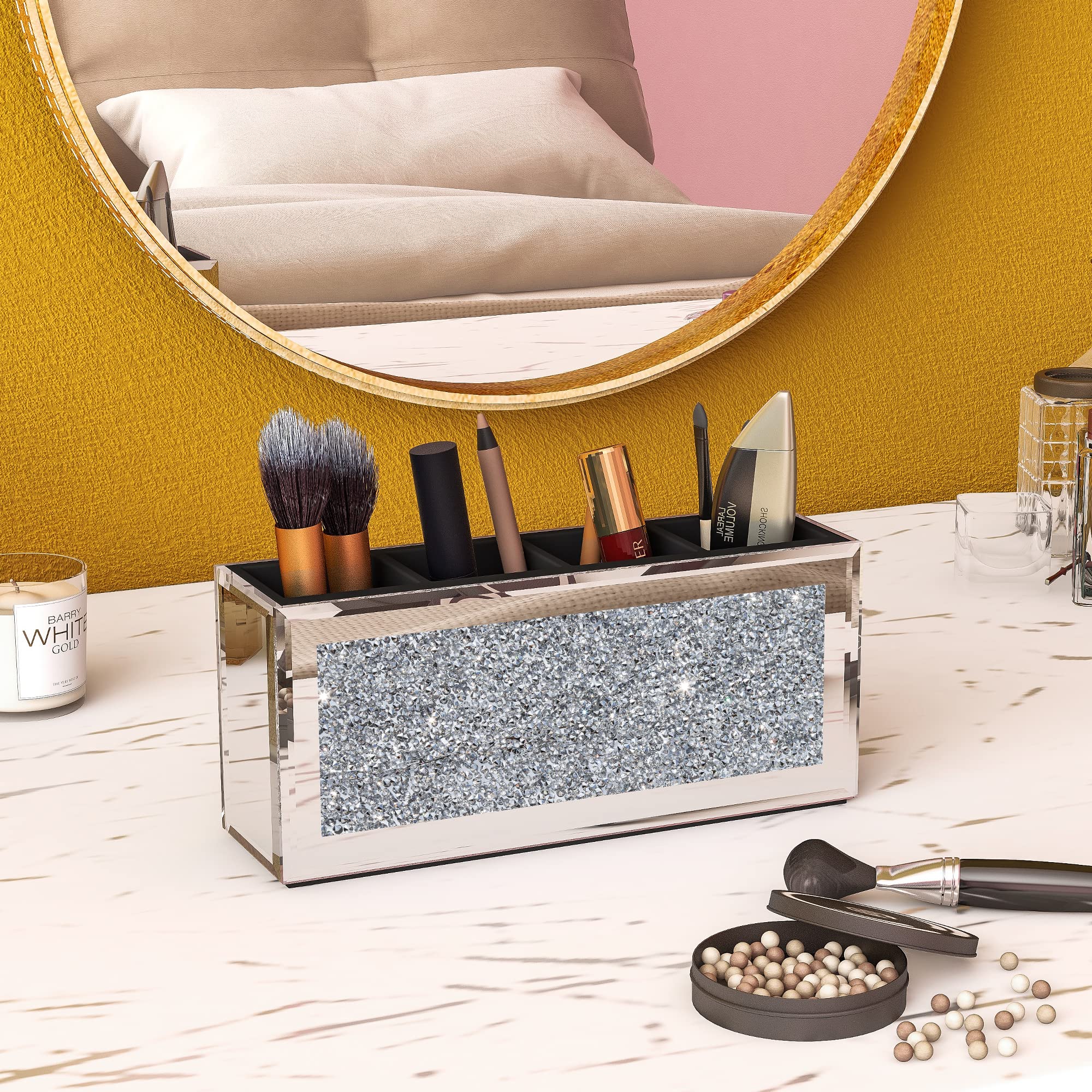 Shyfoy 4-Compartment Makeup Brush Holder, Mirrored Makeup Organizer With Crushed Diamond Crystals, Vanity Cosmetics Organizer So
