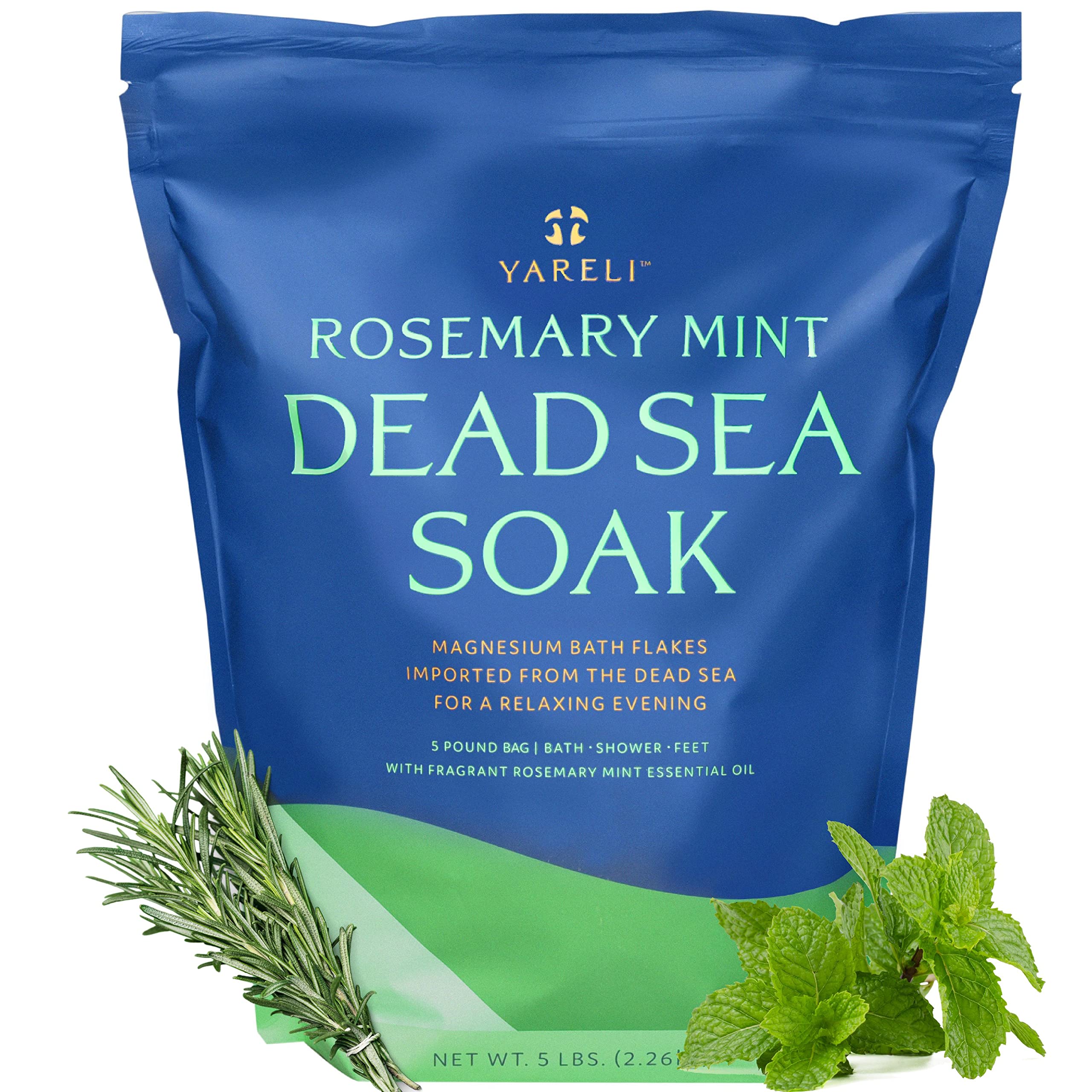 Yareli Dead Sea Bath & Foot Soak, Rosemary Peppermint Magnesium Bath Salt Flakes, Alternative to Epsom Salt, 5lbs with Over 250,