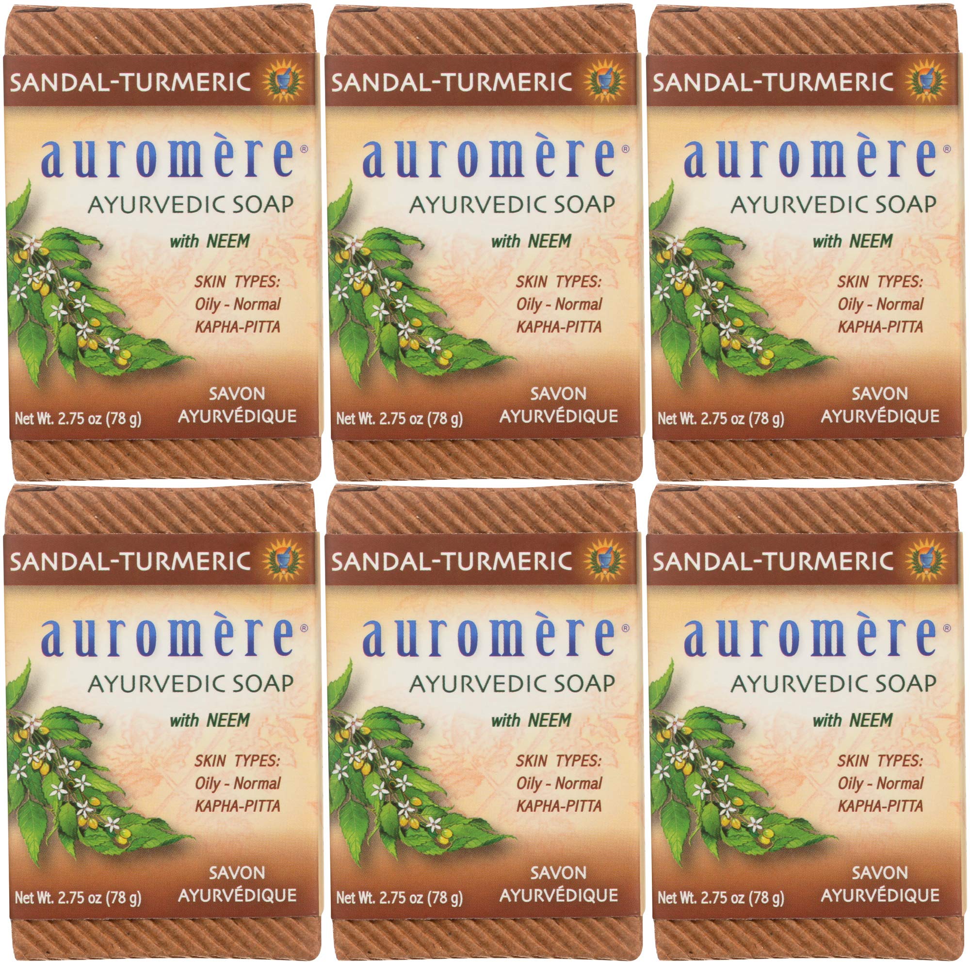 Auromere Ayurvedic Bar Soap, Sandal Turmeric - Eco Friendly, Handmade, Vegan, Cruelty Free, Natural, Non GMO (2.75 oz), 6 pack