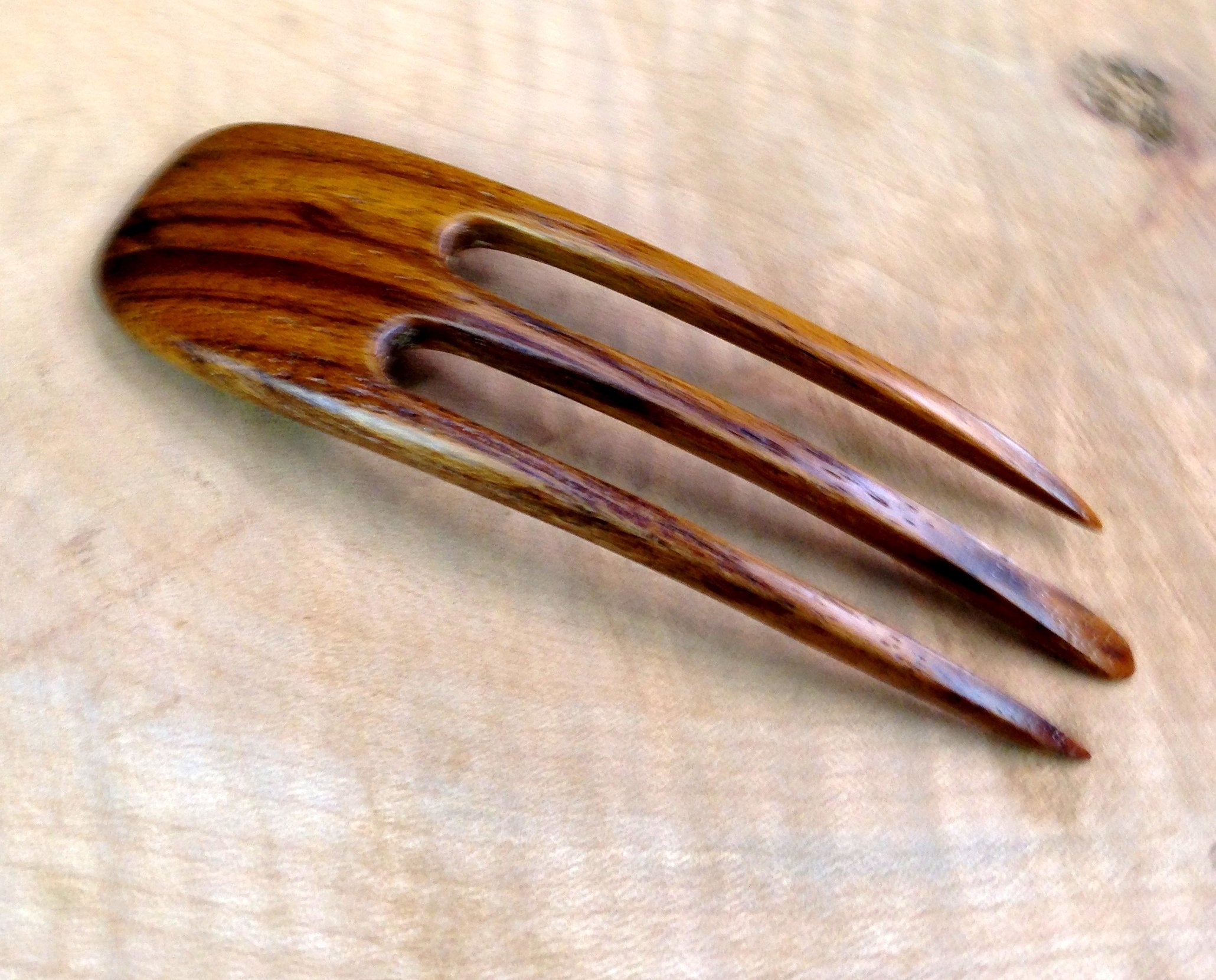 (1) Teak Wood Three Prong Curved 4.5 Inch Hair Stick Pick Pic Pin Fork