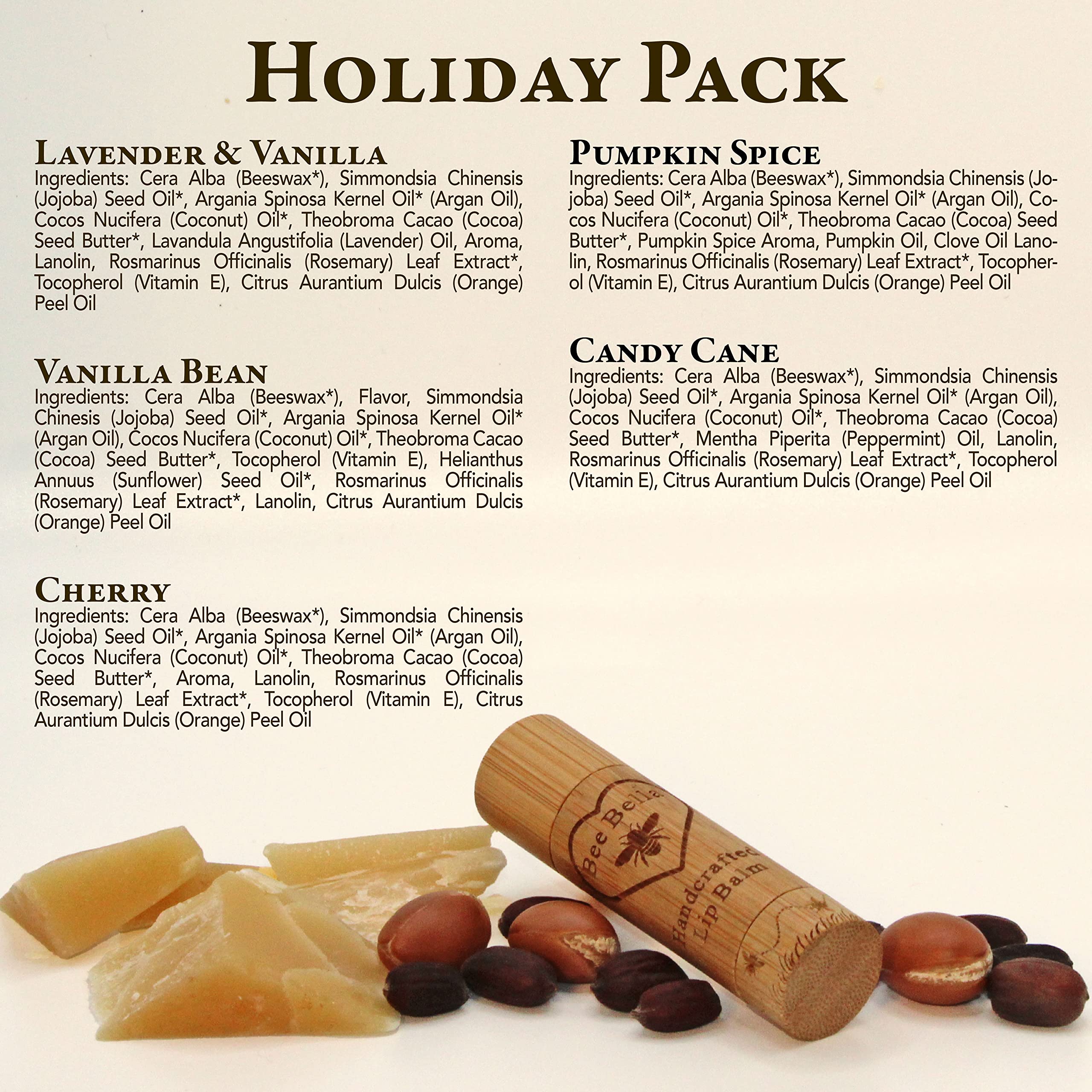 Bee Bella Lip Balm Holiday Gift Box, Cherry, Lavender Vanilla, Vanilla Bean, Pumpkin Spice, Candy Cane, 5 Pack - Hydrating, Mois