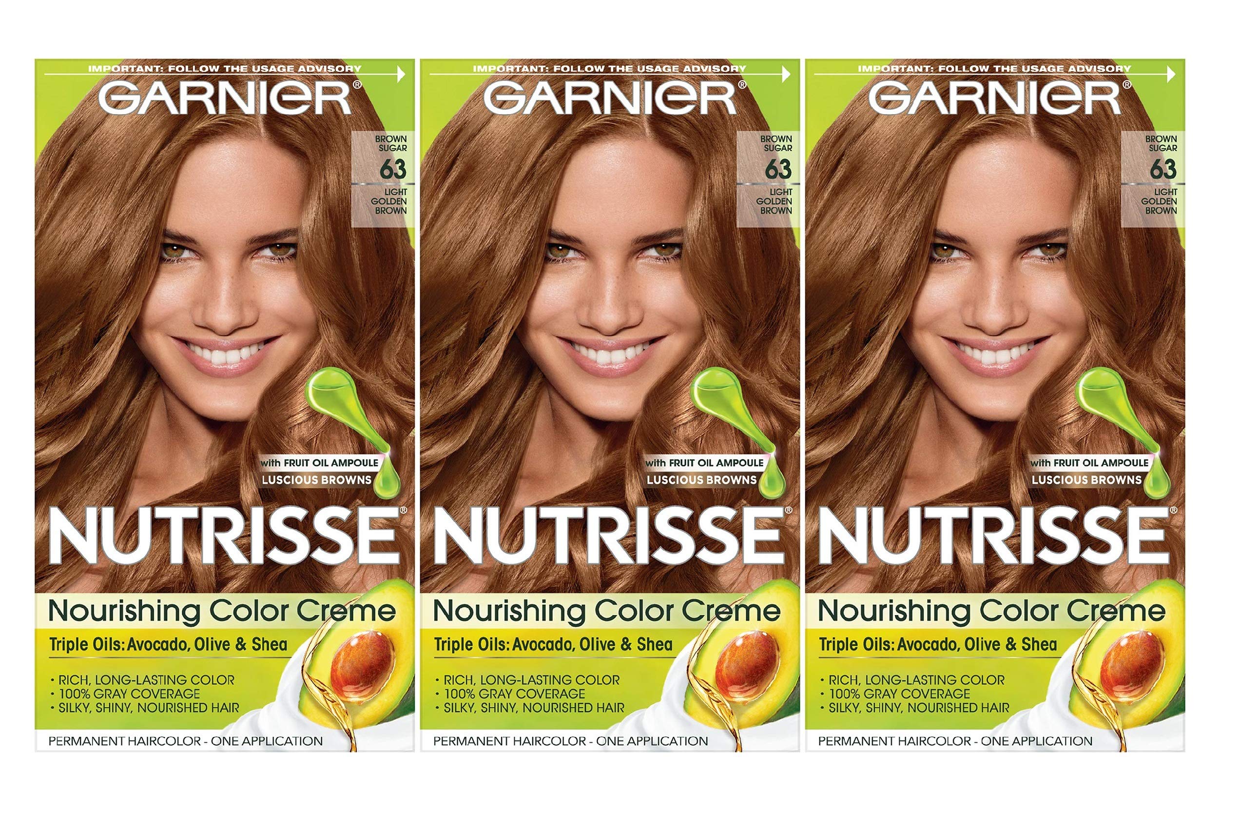 Garnier, Nutrisse Nourishing Hair Color Creme Packaging May Vary, 63 Light Golden Brown (Brown Sugar), 3 Count