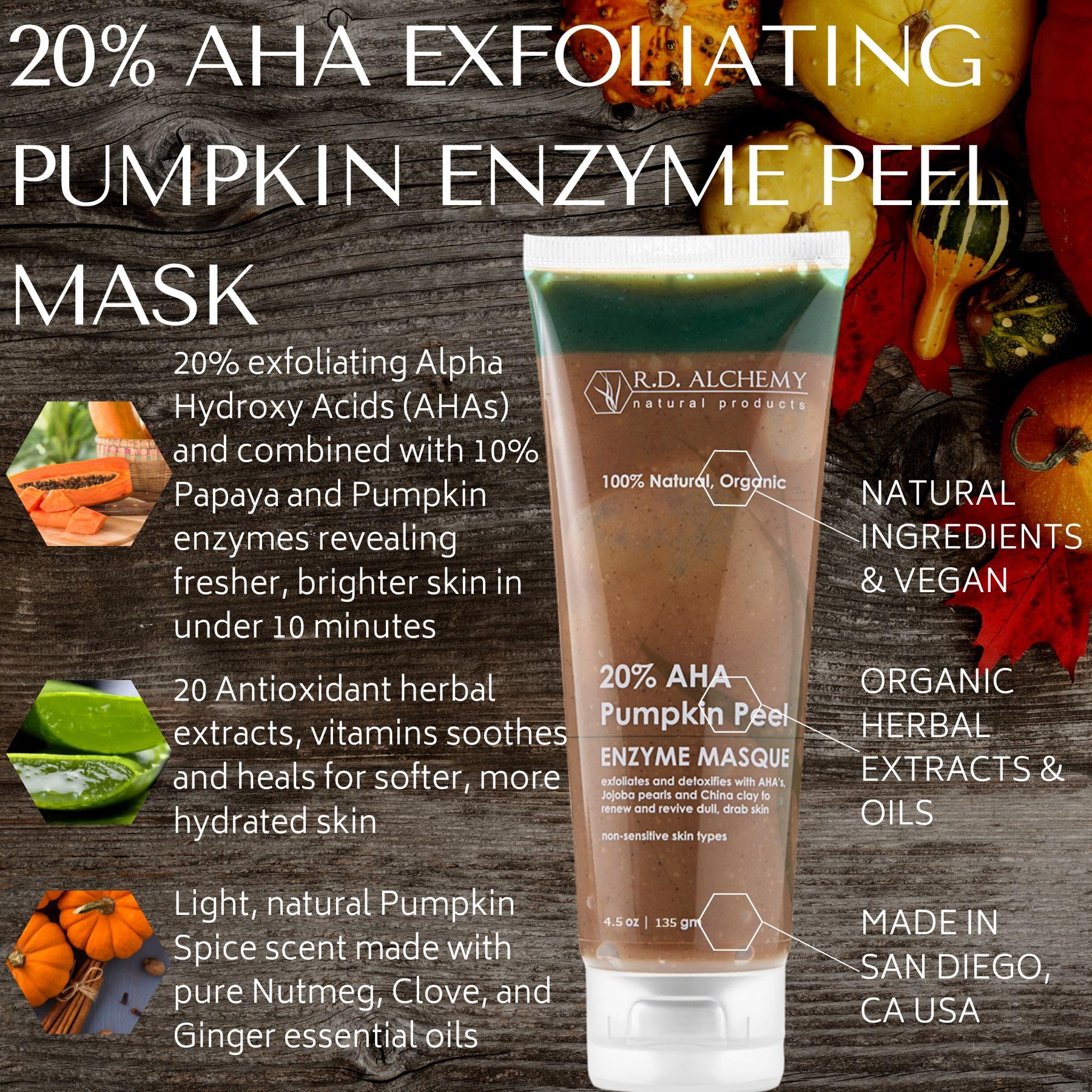 100% Natural & Organic Aha Exfoliating Pumpkin Enzyme Peel Masque - 10% Pumpkin & Papaya Enzymes + 20% Ahas Including Glycolic,