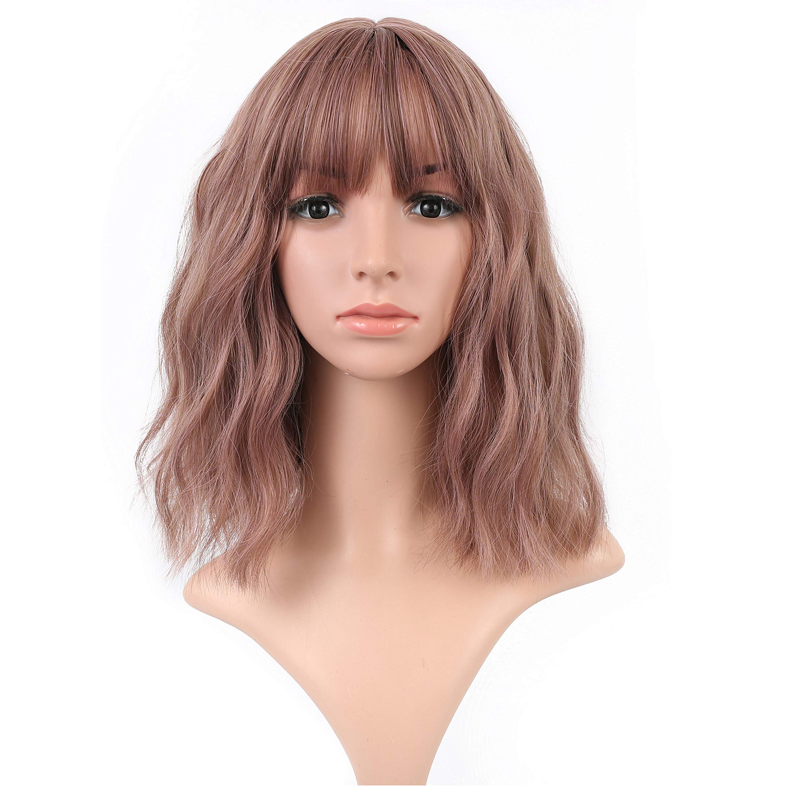 VCKOVCKO Rattan Short Natural Wavy Wig With Air Bangs Shoulder Length Curly Cosplay Synthetic Wig Bob Wig for Girl and Women's C