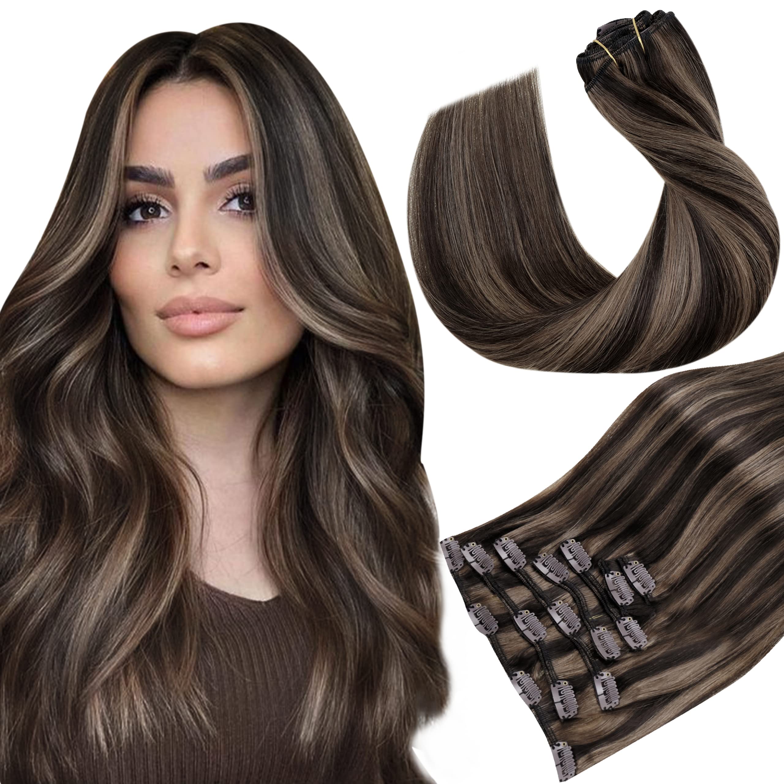 Hetto Clip in Ash Brown Highlights Human Hair Extensions Natural Hair Clip in Extensions 7 Pcs Real Human Hair clip in Straight